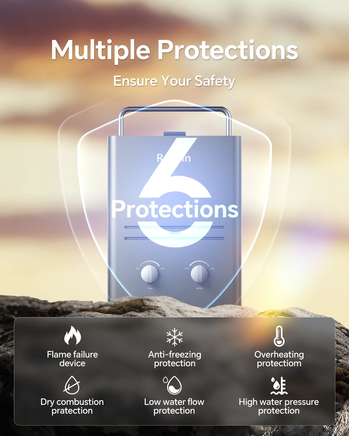 Ranein Tankless Water Heater Outdoor, 1.58 GPM Portable Propane Camping Water Heater, 6L, RO4KY, Grey