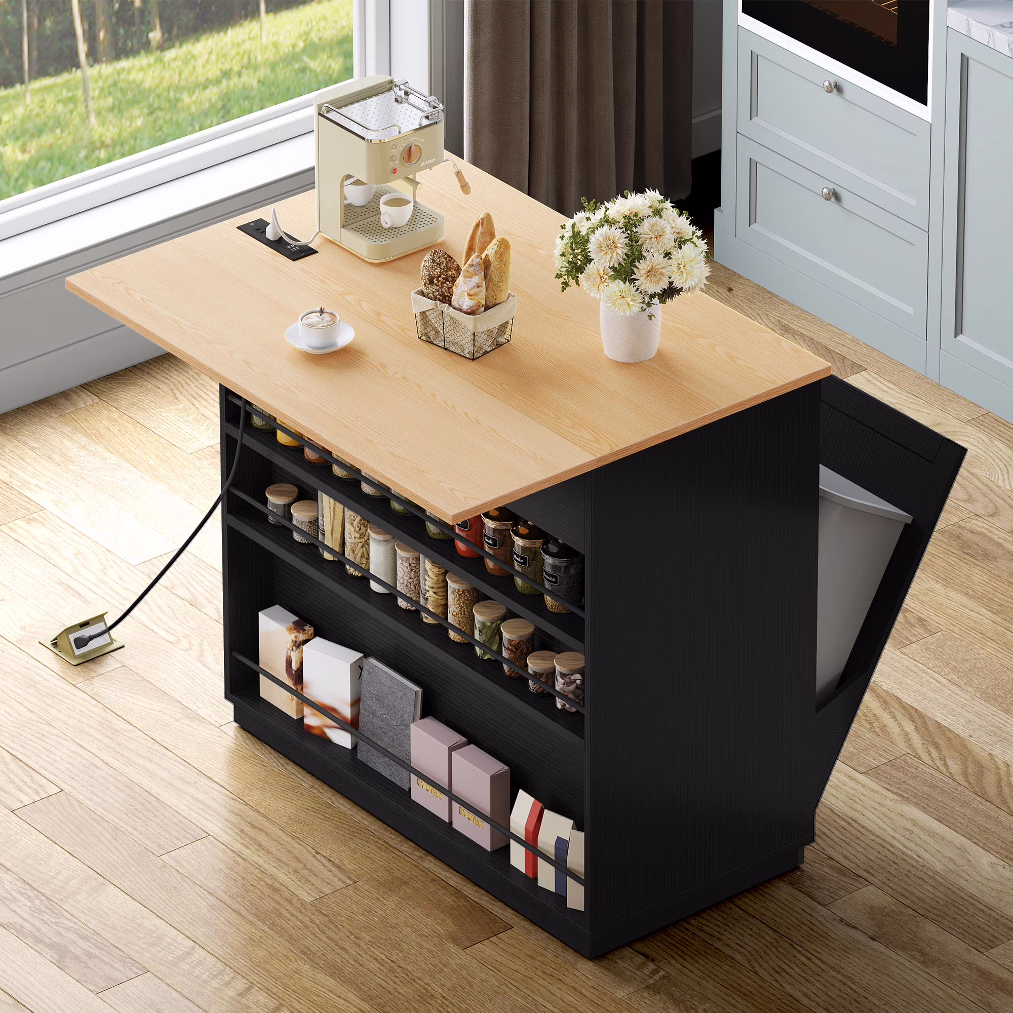DEXTRUS Kitchen Island Cart with Drop Leaf & Power Outlets, Kitchen Island with 2 Trash Can Cabinets & Storage Shelves, Black