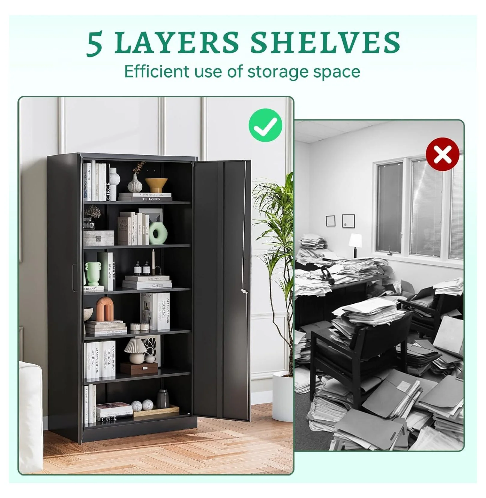 KriKac Metal Storage Cabinets with Lock Doors,Tall Locker Organizer Steel Garage Cabinets, 5 Adjustable Layers Shelves for Home, Office, Warehouse,Tool,Industrial(Black)