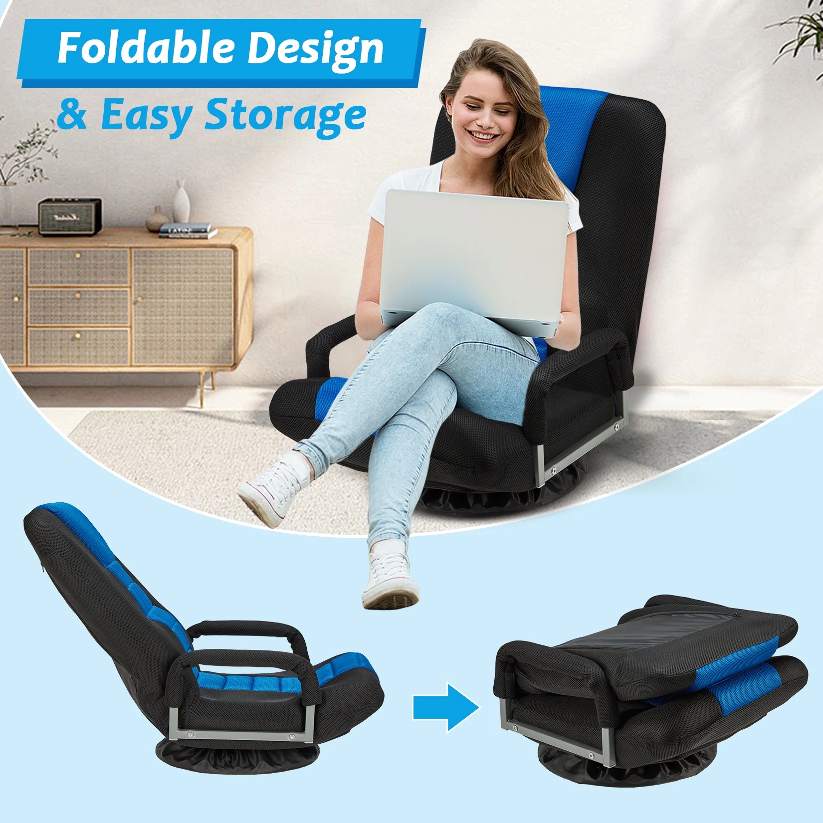 Avocahom Swivel Gaming Floor Chair w/ Armrest Handles, No Assembly gaming chair rocker, Folding Reclining Sofa w/6 Position Adjustable Backrest for Video Games, Watching TV, Reading,Blue