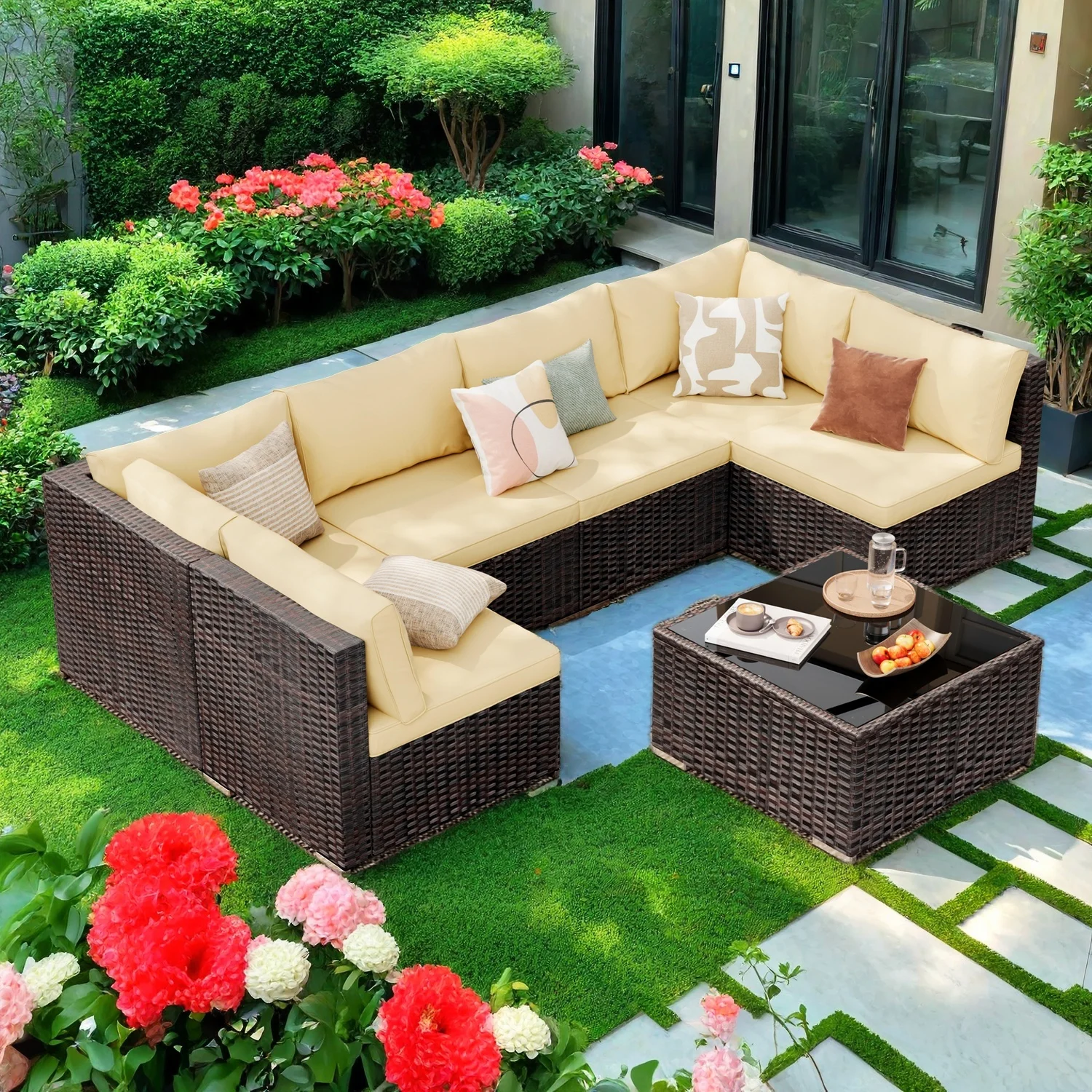 Patio Furniture Set, Lofka 7 Piece Outdoor Sectional Furniture Chair Set with Cushions and Coffee Table, Gray