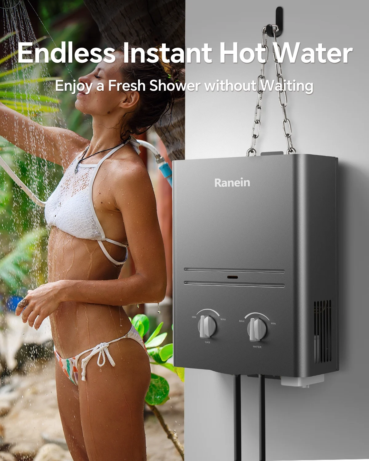Ranein Tankless Water Heater Outdoor, 1.58 GPM Portable Propane Camping Water Heater, 6L, RO4KY, Grey