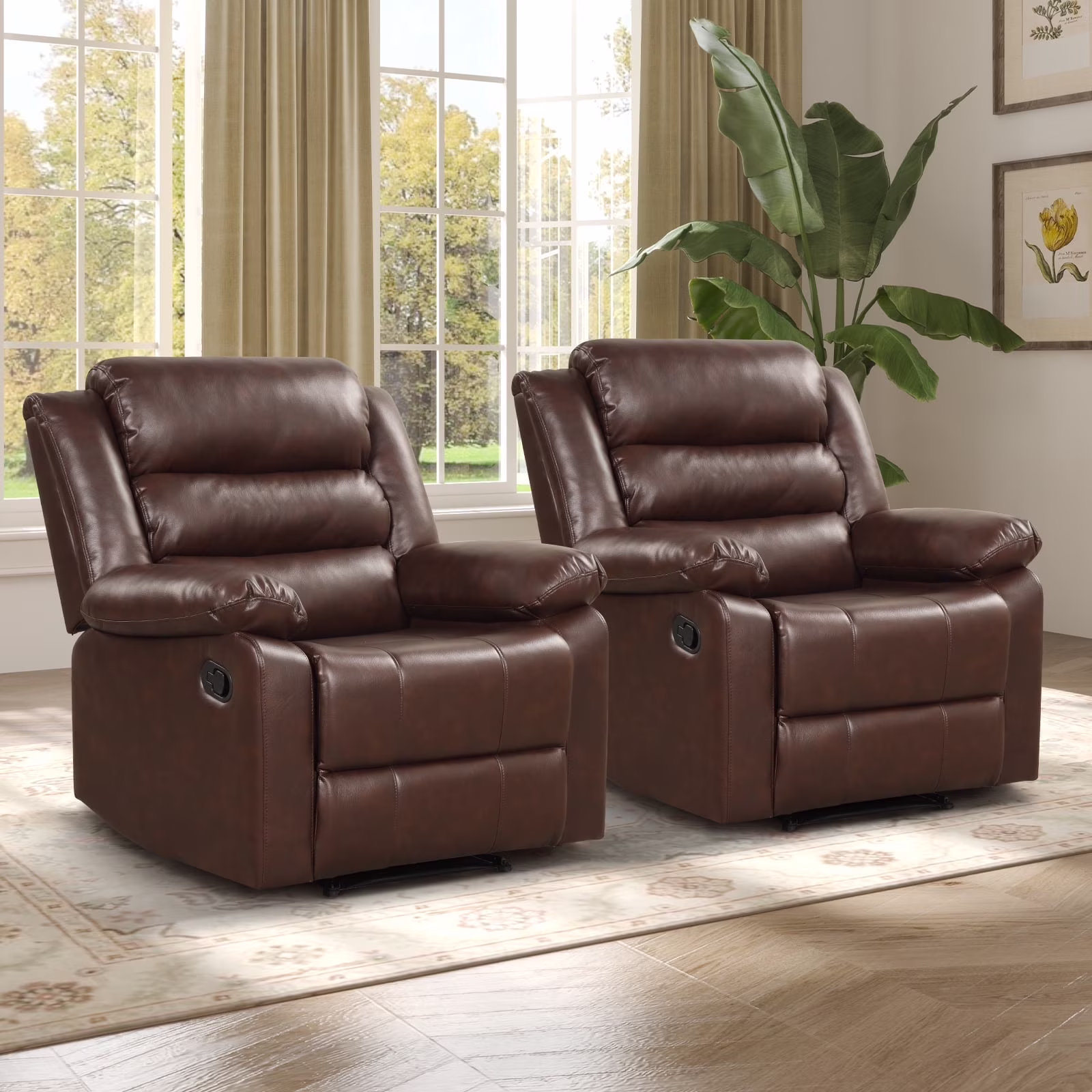 Bonzy Home Recliner Chairs for Living Room Overstuffed Breathable Fabric Reclining Chair Manual Sofa Brown