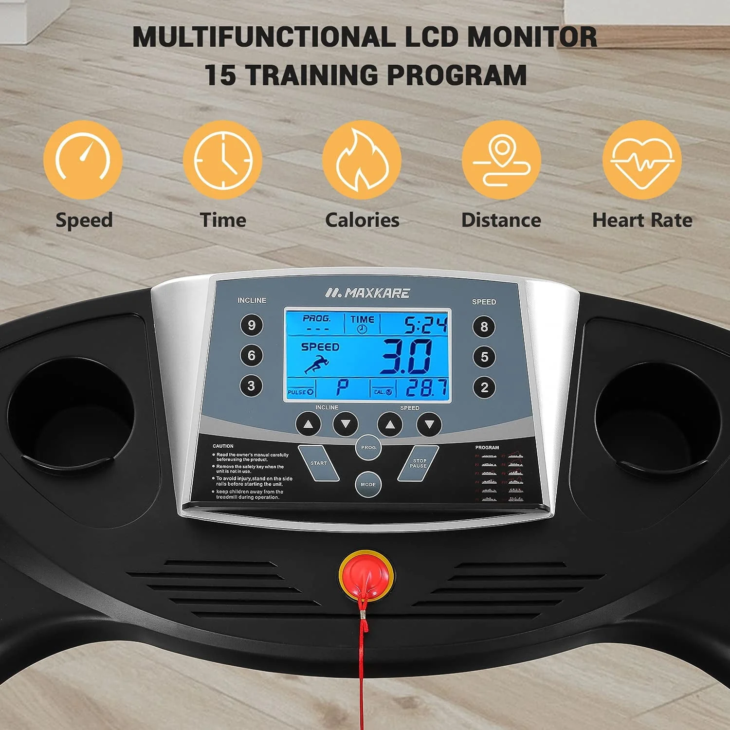 MaxKare 2.5 HP Folding Treadmill 12% Auto Incline, Max 8.5 MPH Speed, 220lbs Weight Capacity, 15 Preset Programs, Home Office Use