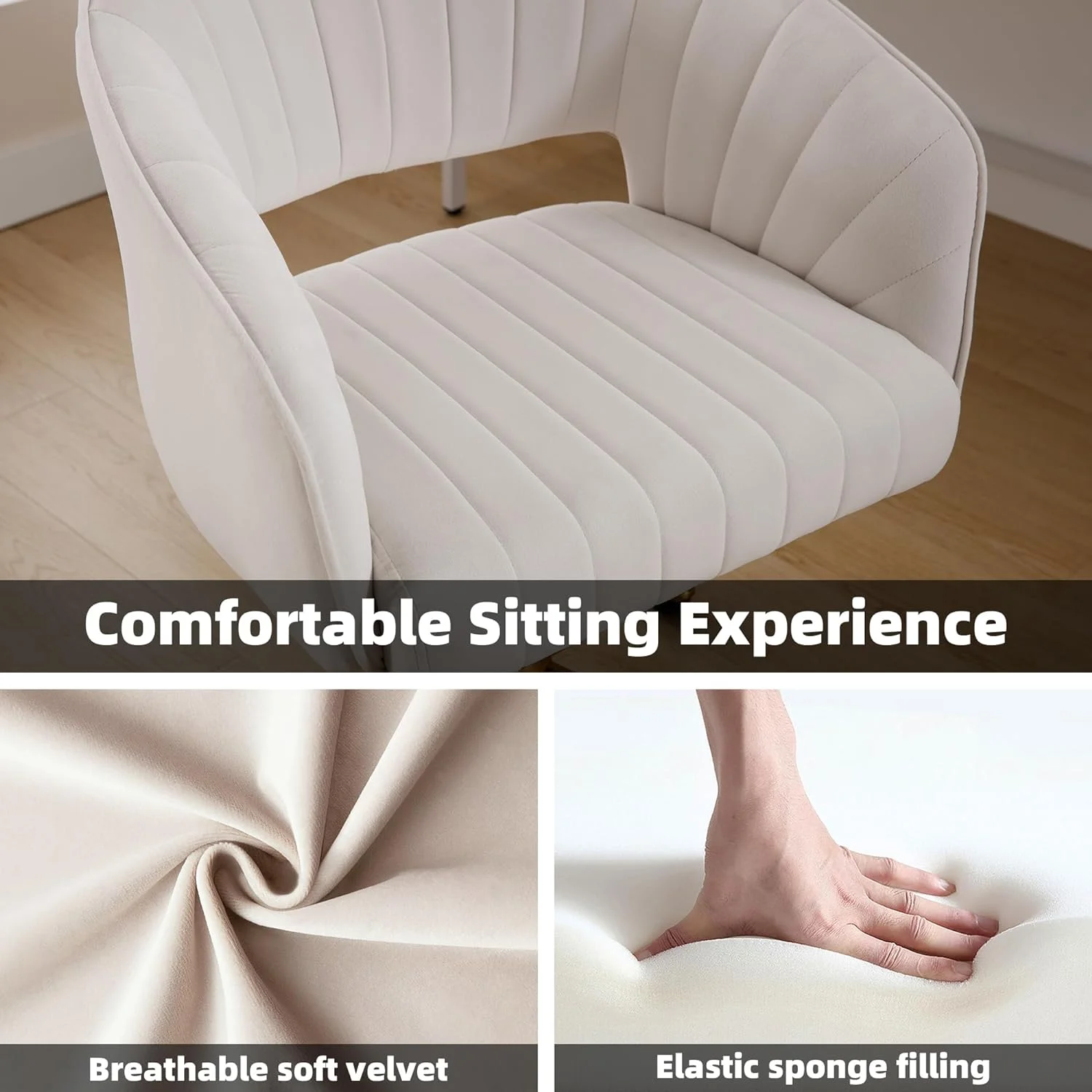 Westice Home Office Desk Chairs, Velvet Task Chair, Height Adjustable Swivel Vanity Chair with Golden Base for Vanity Study, Living Room Computer Room, Beige