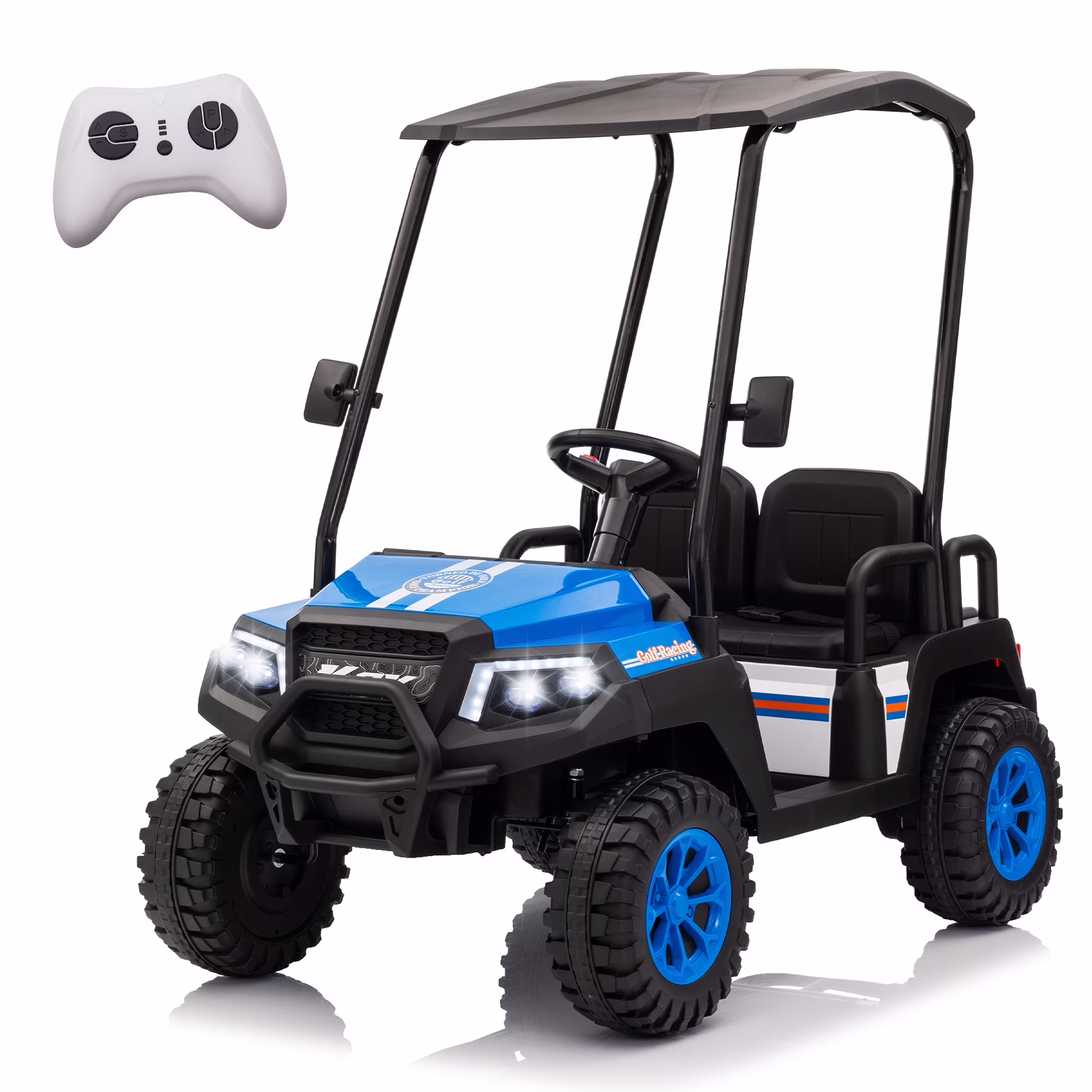 24V XL Kids Ride on Golf Cart, Electric Car w/Remote Control, Detachable Awning, 4 Seats, 3 Speeds, LED Lights, Spring Suspension, Bluetooth, Audio, Blue