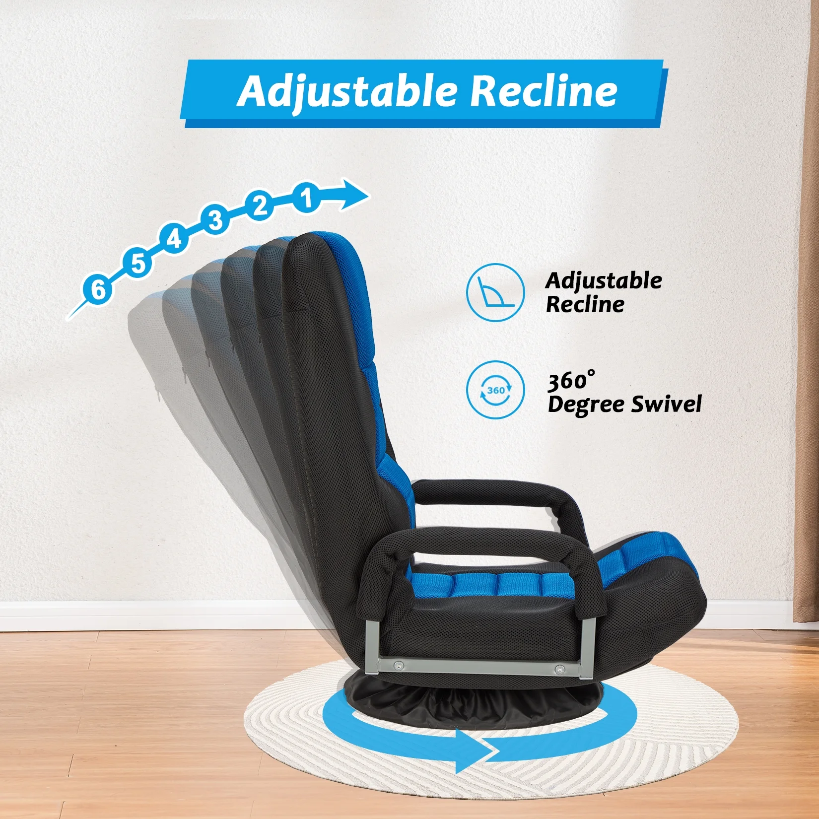 Avocahom Swivel Gaming Floor Chair w/ Armrest Handles, No Assembly gaming chair rocker, Folding Reclining Sofa w/6 Position Adjustable Backrest for Video Games, Watching TV, Reading,Blue