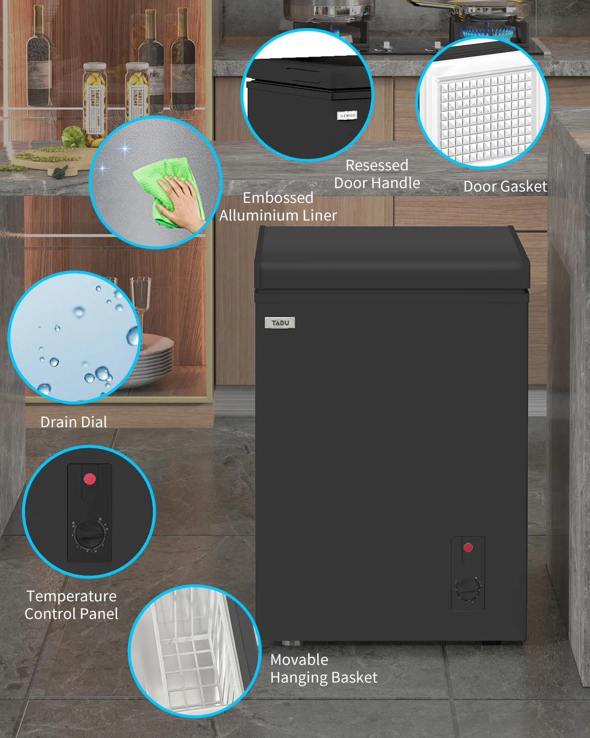 TABU Chest Freezer,3.5 Cu ft Deep Freezer,Garage Ready,Top Open Door,Black