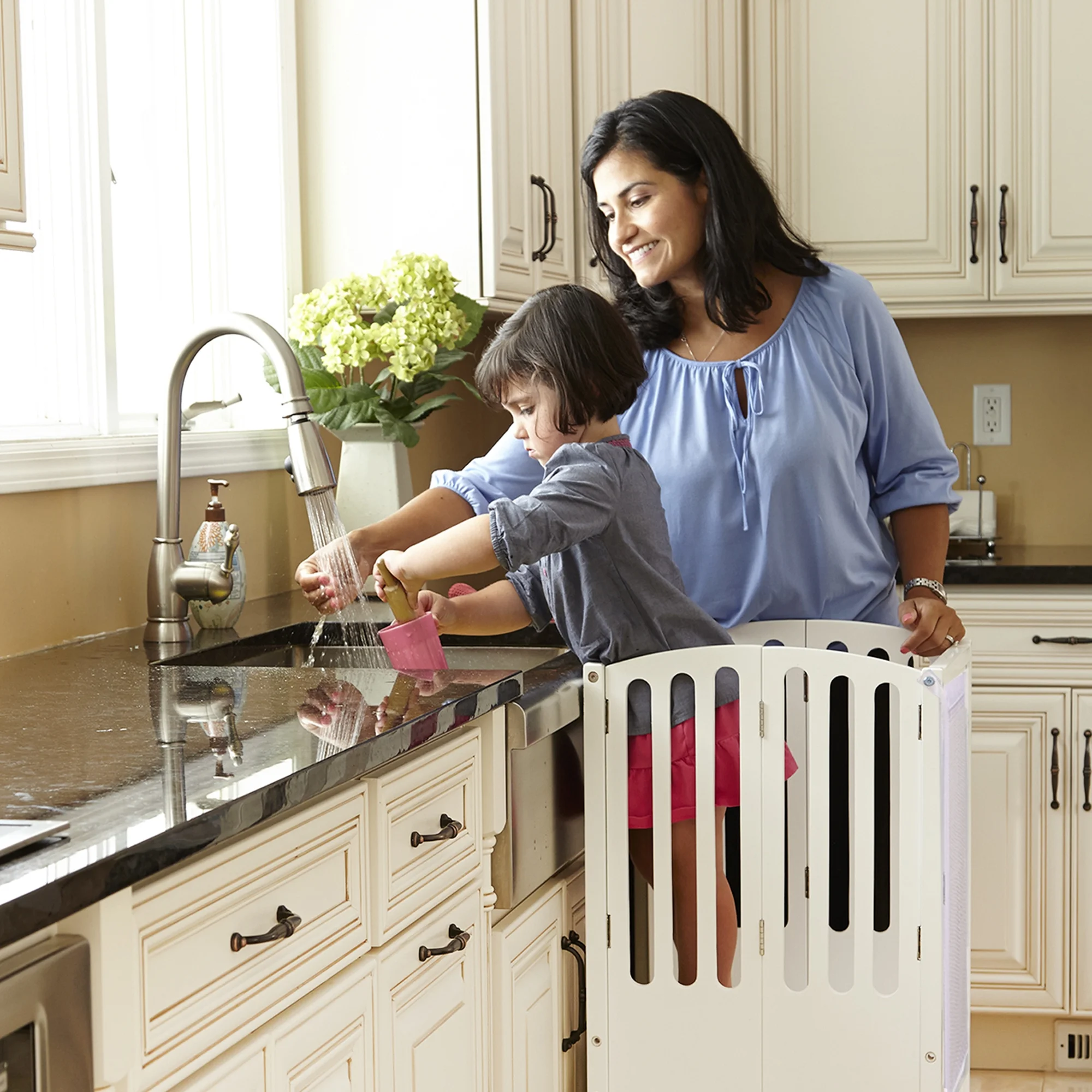 Guidecraft Contemporary Kitchen Helper Step Stool - White: Adjustable, Folding Montessori Toddler Tower - Safety Learning Furniture