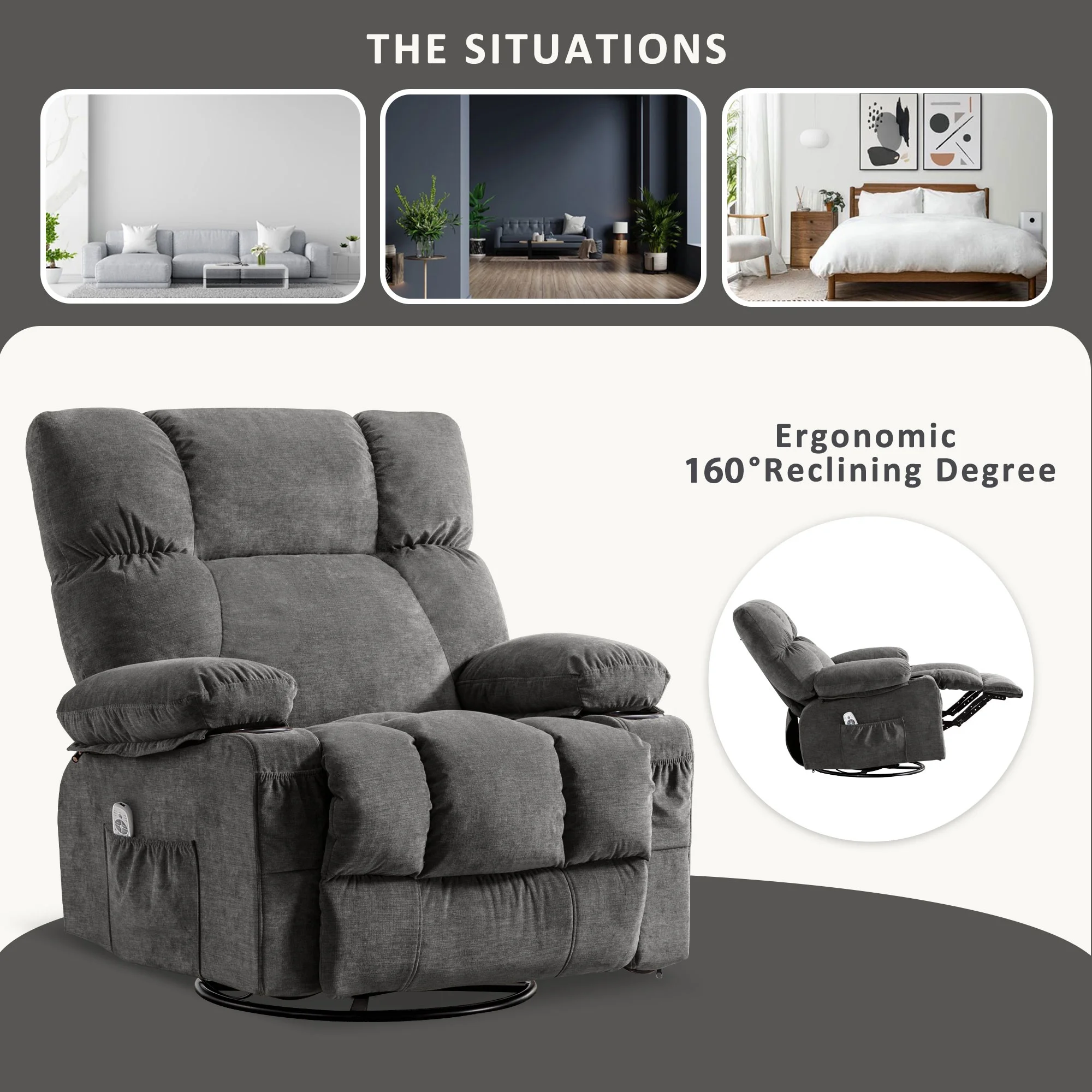 JONPONY Manual Recliner Chair with Heat Therapy and Massage Function, Heavy Duty Reclining Mechanism Massage Chair, Elderly Single Rocker Sofa with Cup Holders for Bedroom Home Theater,Grey
