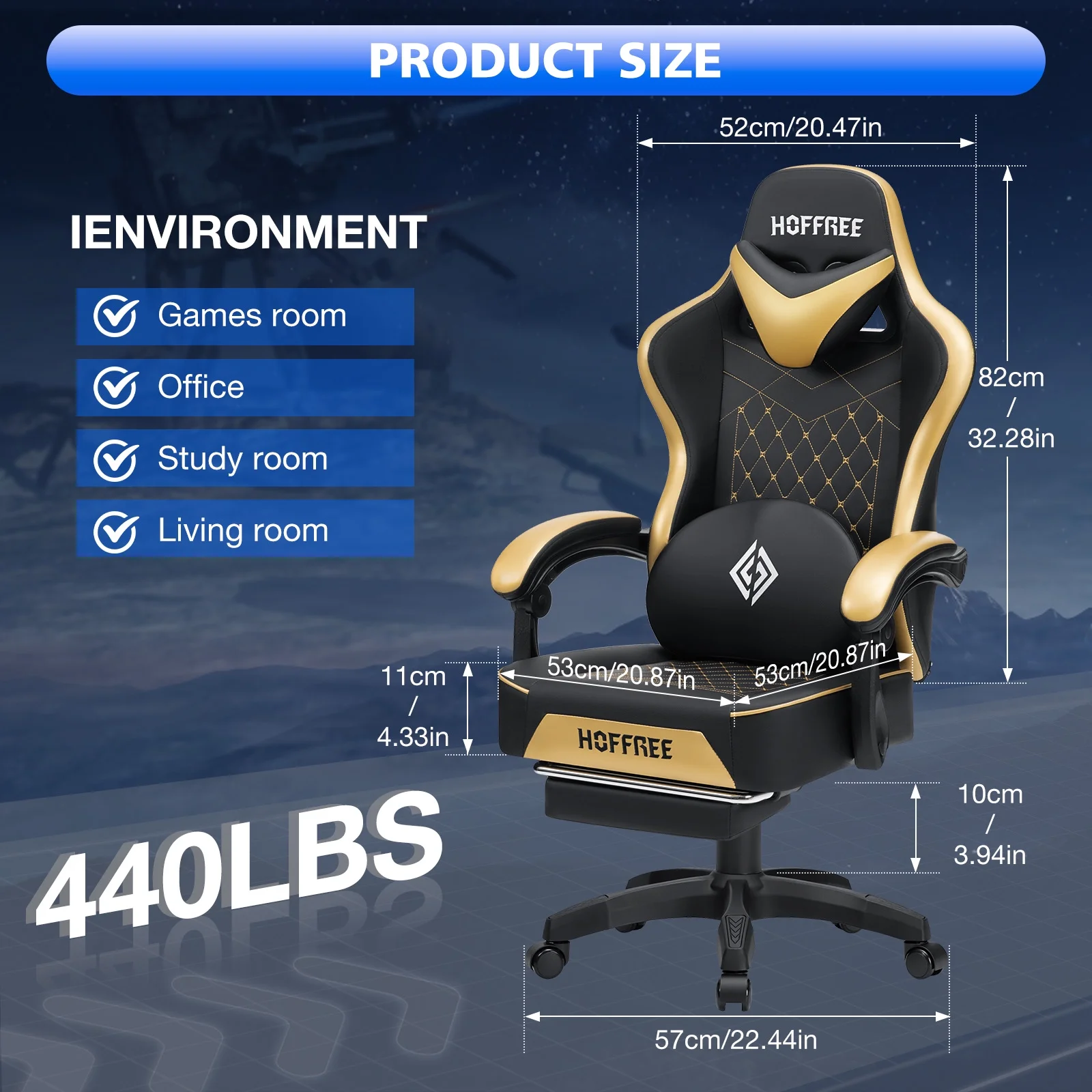 Hoffree Gaming Chair with Speakers PU Gamer Chair with footrest and massage Egonomic Computer Game Chair with Headrest and Lumbar Support for Adults and Office Gaming, 440 LBS