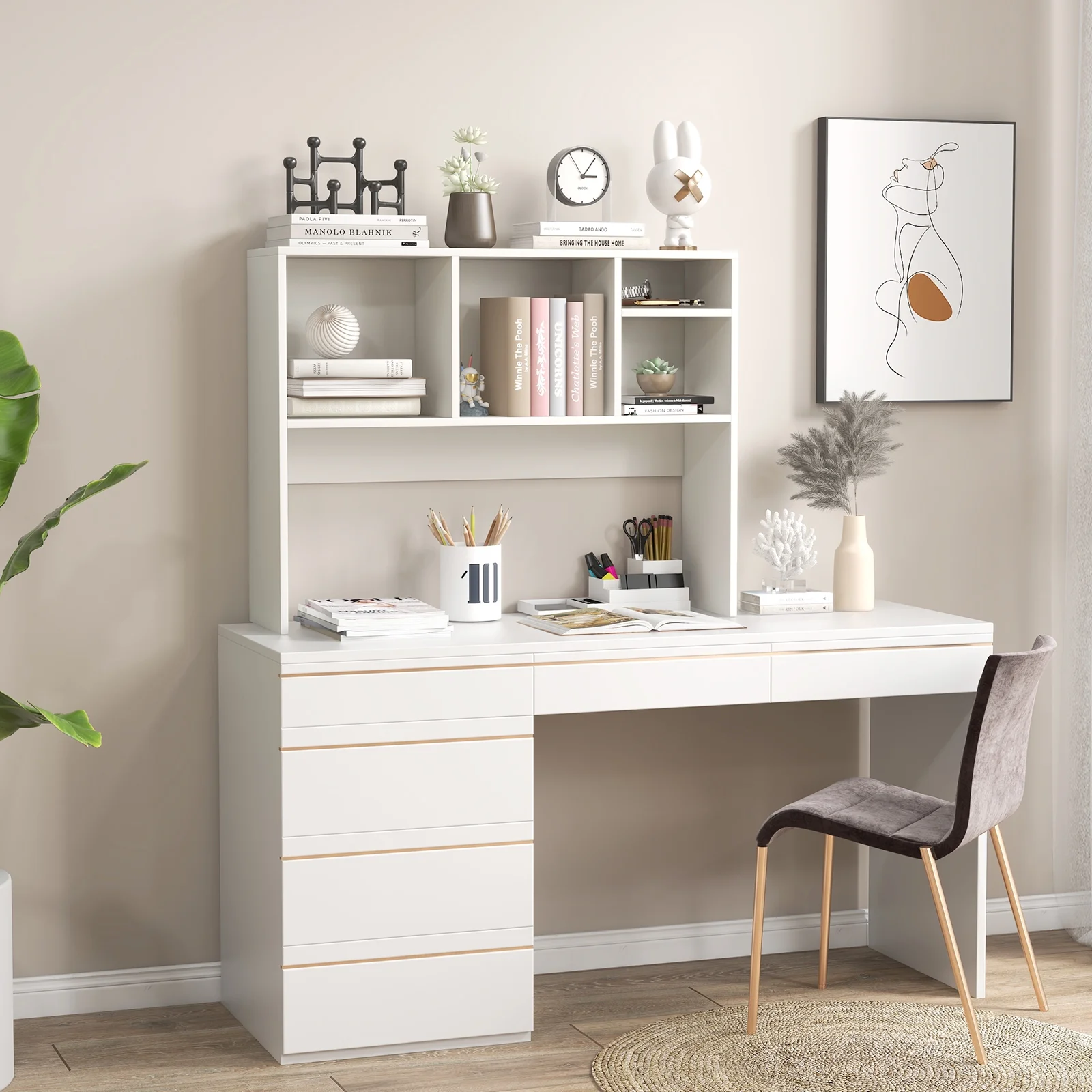 Giantex Desk Hutch, 2-Tier Desktop Organizer Shelf for Computer Desk, Wide Wooden Table Top Bookshelf, Countertop Storage Rack, White