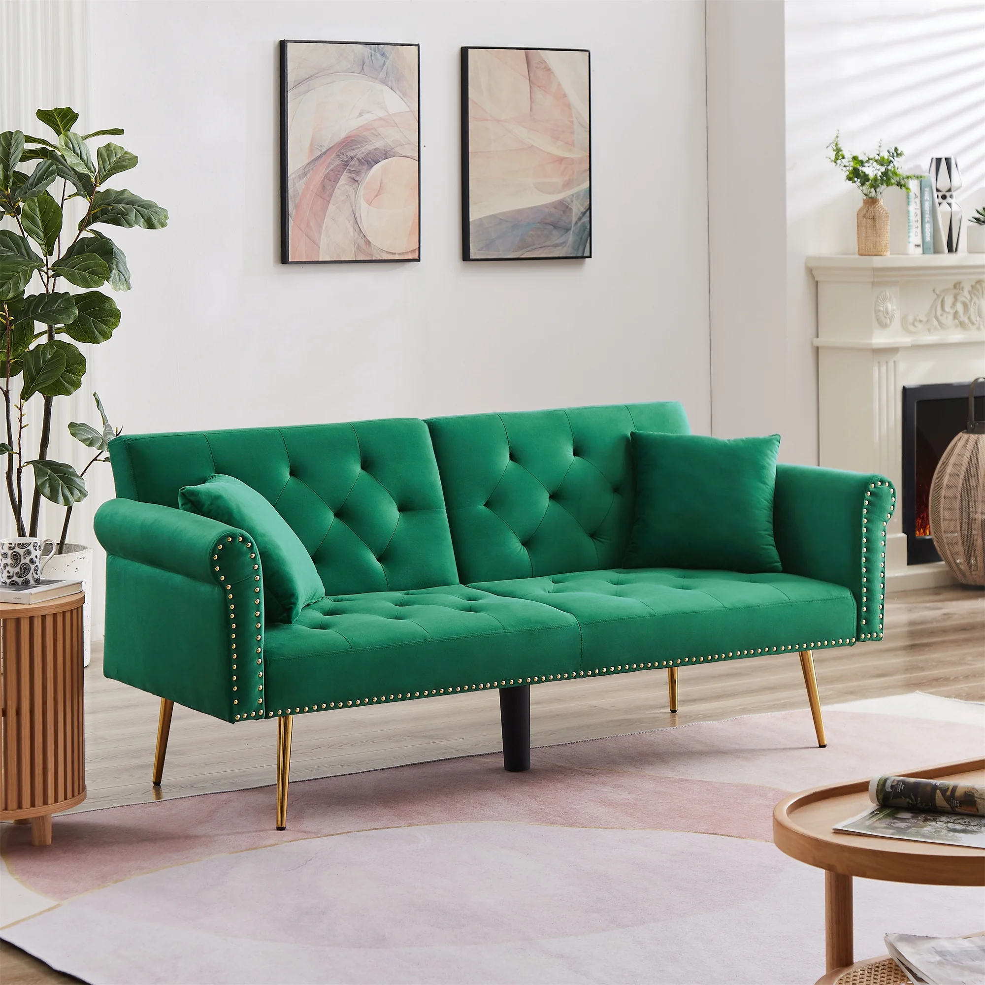 Convertible Futon Sofa Bed,Velvet Upholstered Nailhead Loveseat Sofa with Two Pillows,Modern Sleeper Couch Bed for Living Room,Bedroom,Green