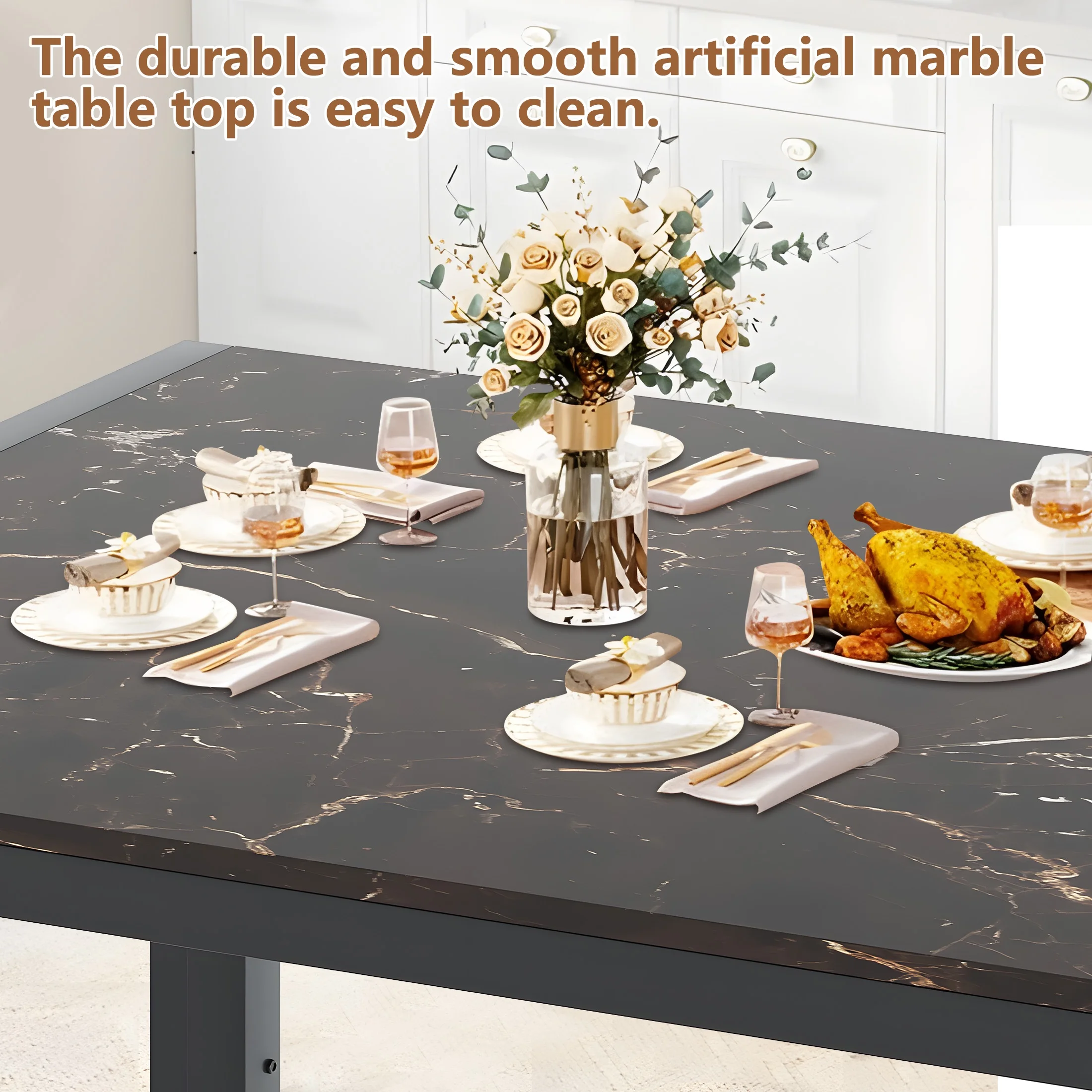 UHOMEPRO Dining Room Table Set, 3-Piece Dining Table Set with 2 Benches, Kitchen Table Set for 4 with Metal Frame, Modern Dining Room Set Furniture Set for Bar Dining Room Breakfast Nook, Black