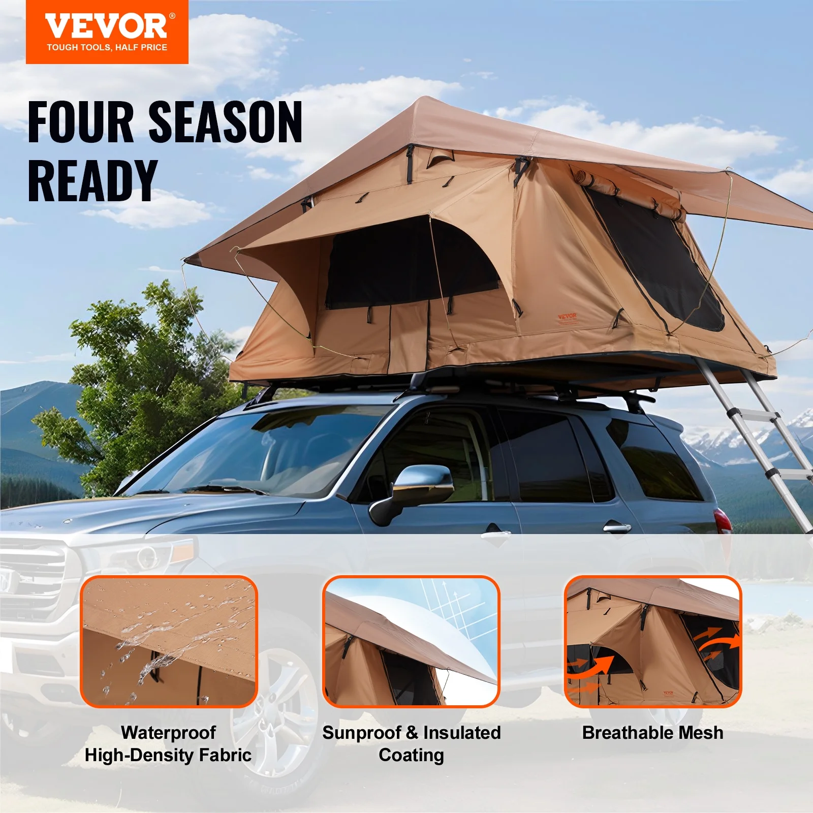 VEVOR Rooftop Tent Hard Shell, Naturnest Rooftop Tent Hardshell for 2-3 Person, Folding Hard Shell Roof Top Tent with Telescopic Ladder Mattress PVC Cover Bag, Waterproof for Jeep SUV Van Truck