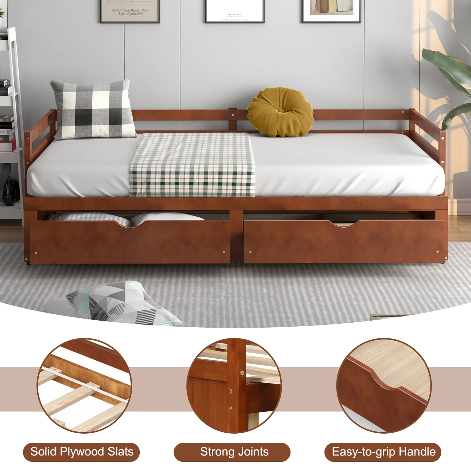 Costway Twin to King Daybed with  2 Drawers Wooden Sofa Bed for Bedroom Living Room Cherry