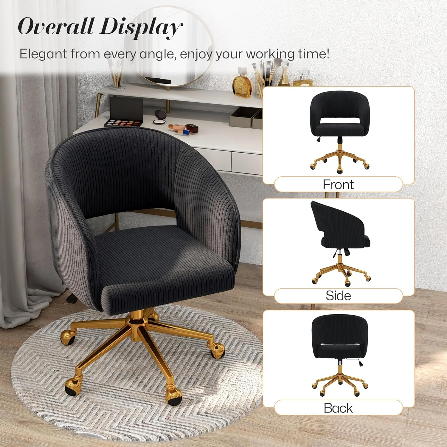 Home Office Swivel Desk Chair, Modern Velvet Vanity Chair, Height Adjustable Armchair with Gold Base, Ergonomic Office Chair for Task Study Computer Room, Beige