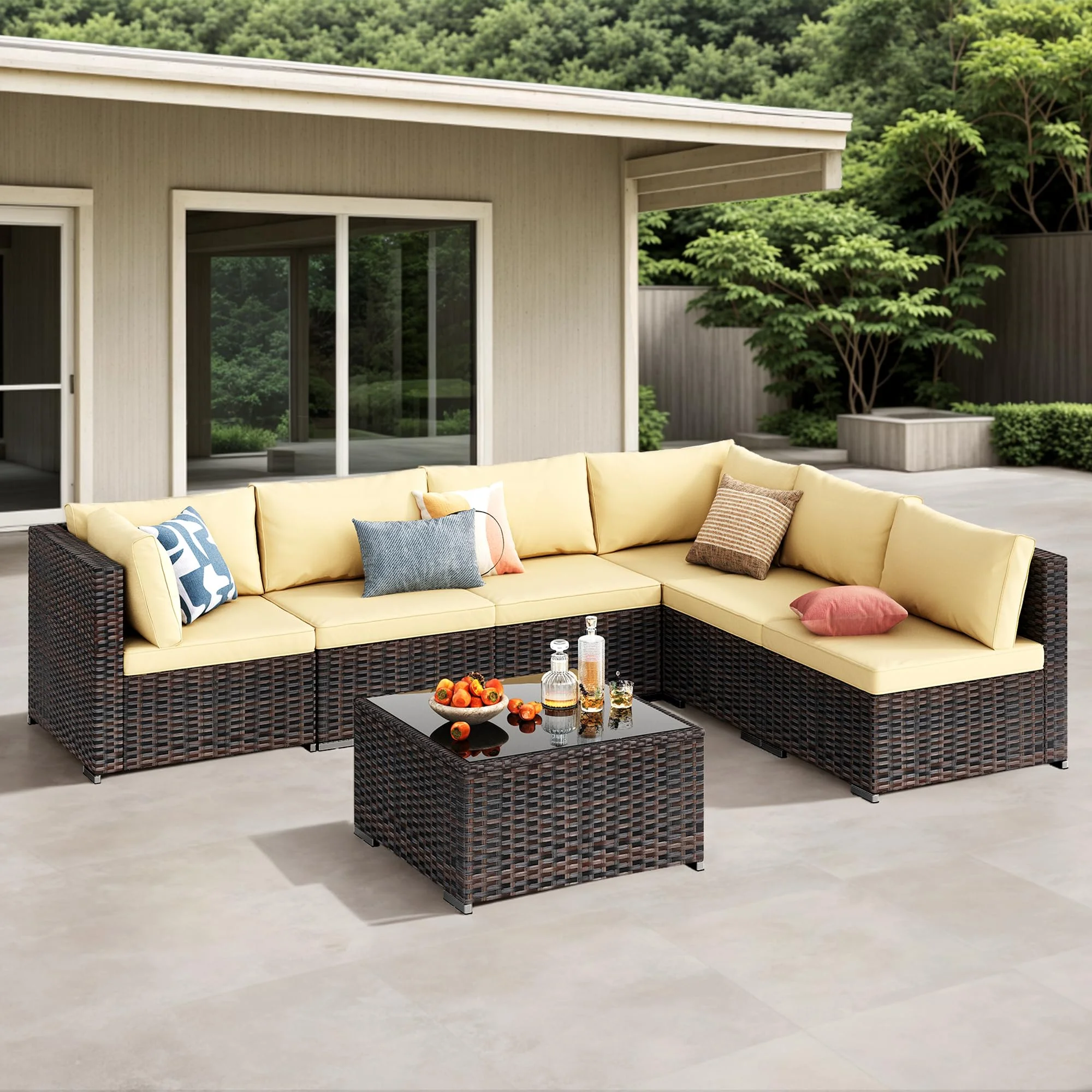 Patio Furniture Set, Lofka 7 Piece Outdoor Sectional Furniture Chair Set with Cushions and Coffee Table, Gray