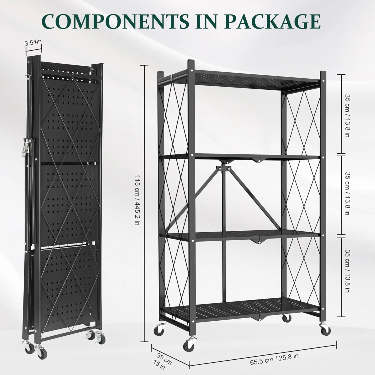 Foldable 4-Tier Storage Shelves with Wheels, No Assembly Bookshelf, Heavy Duty Kitchen Racks and Shelves, Rolling Microwave Cart, White
