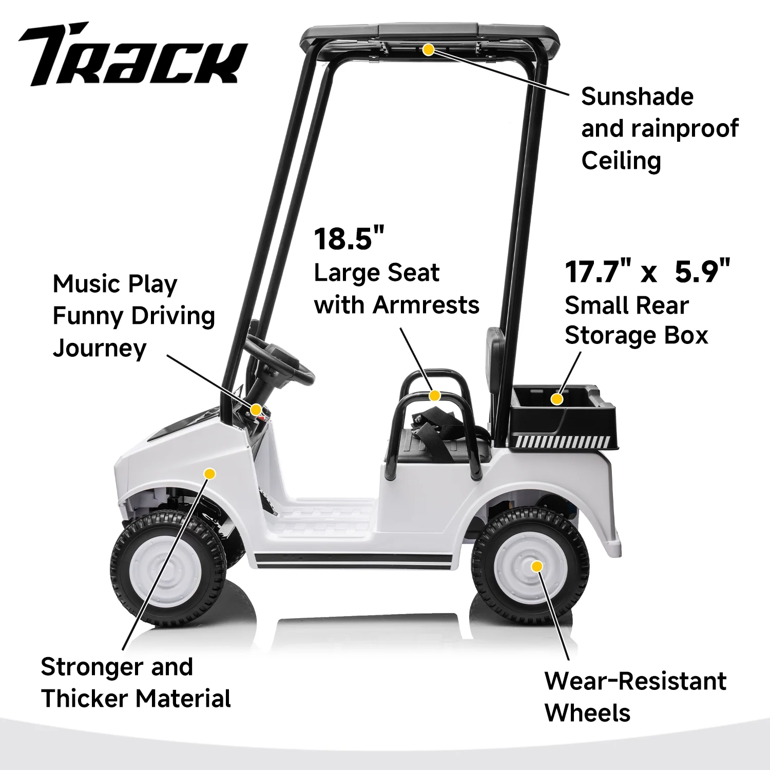 Track Seven 24V Ride on Car, Electric Golf Cart with Ceiling, Ride on Truck with Remote Control, Music, Rear Storage Box, Electric Car for Boys Girls Age 3+, 18.5