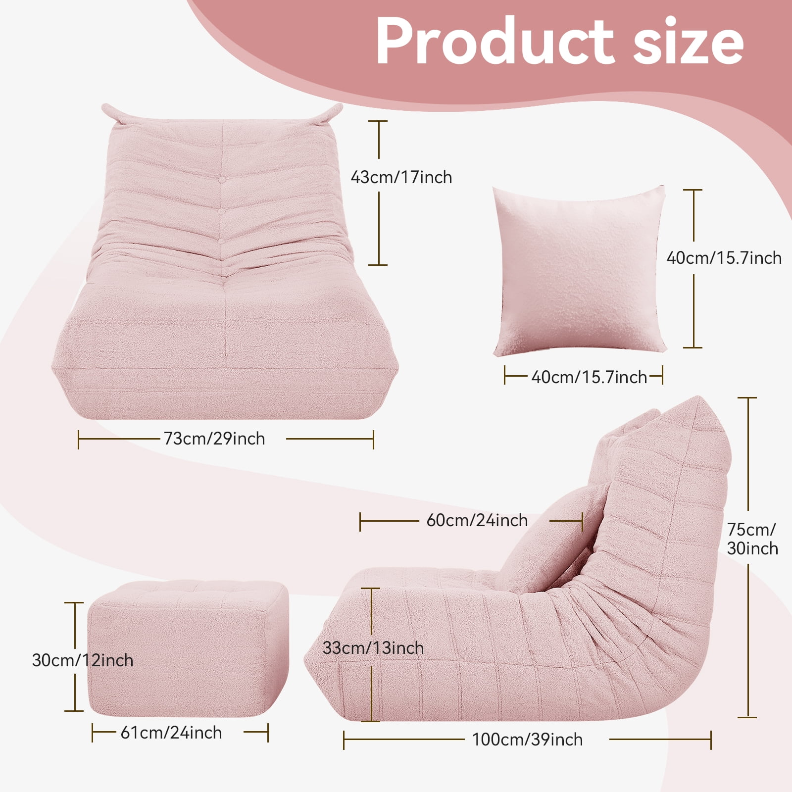 VFD Bean Bag Chairs for Adults, Beanbag Chair with Ottoman Lounge Sofa Memory Foam Comfy Reading Chair for Bedroom & Living Room, Lazy Floor Sofa Couch