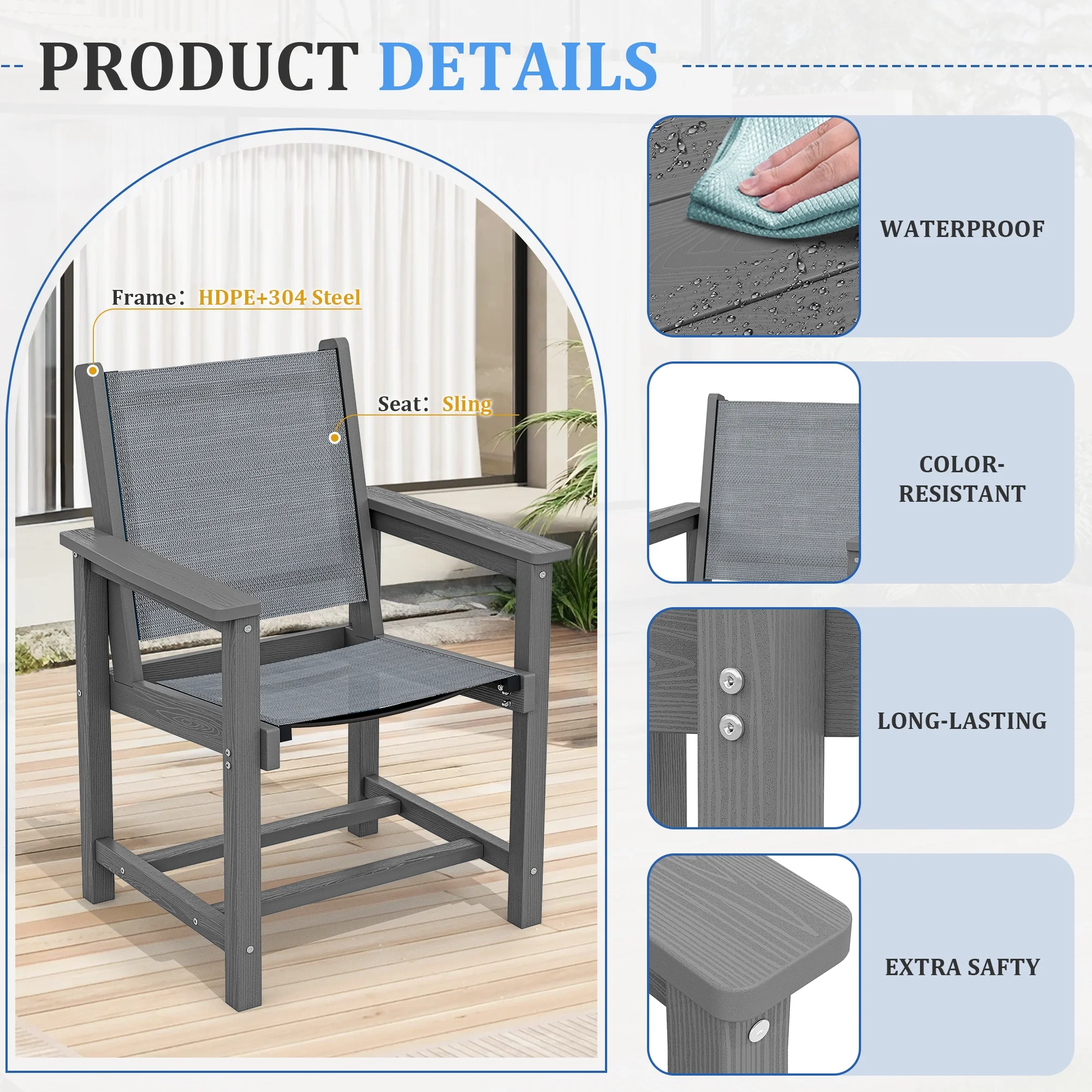 SERWALL Outdoor HDPE Dining Table Set, 7-Piece Outdoor Dining Table Sets with Umbrella Hole, Grey