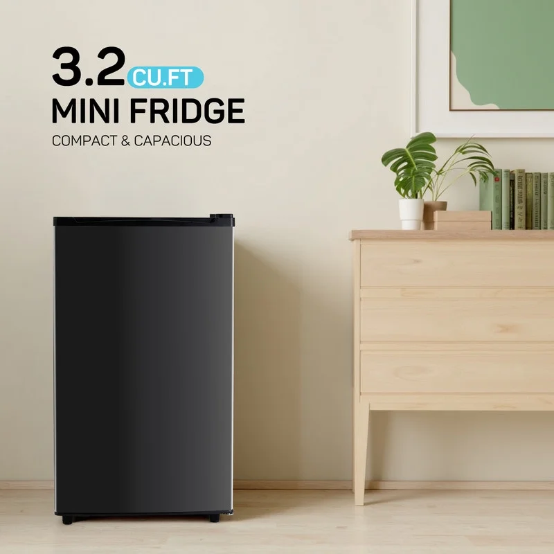 Sybels 3.2 Cu.Ft Mini Fridge with Freezer, Compact Single Door, Adjustable Thermostat & Low Noise, Perfect for Bedroom, Dorm, Office, Black