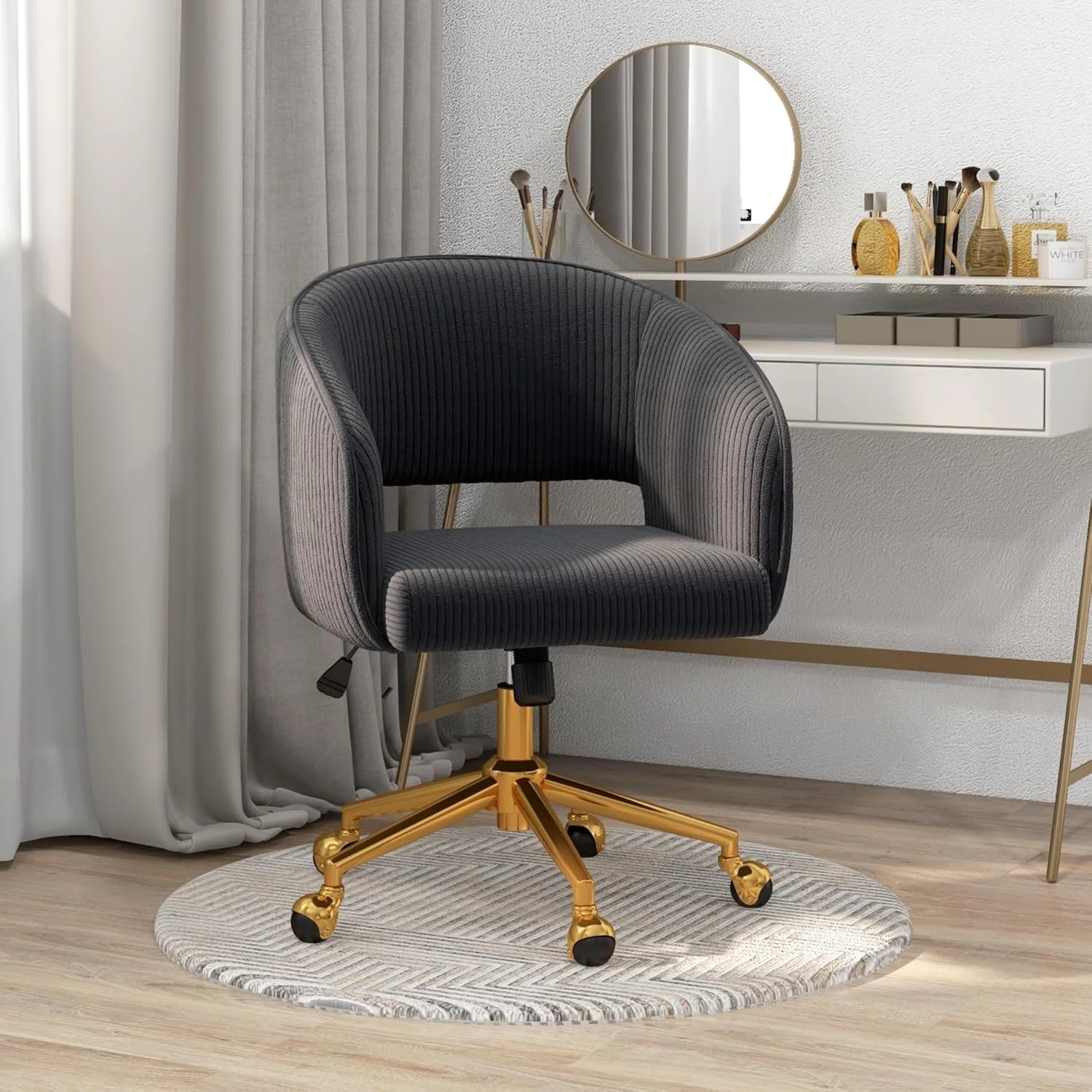Home Office Swivel Desk Chair, Modern Velvet Vanity Chair, Height Adjustable Armchair with Gold Base, Ergonomic Office Chair for Task Study Computer Room, Beige