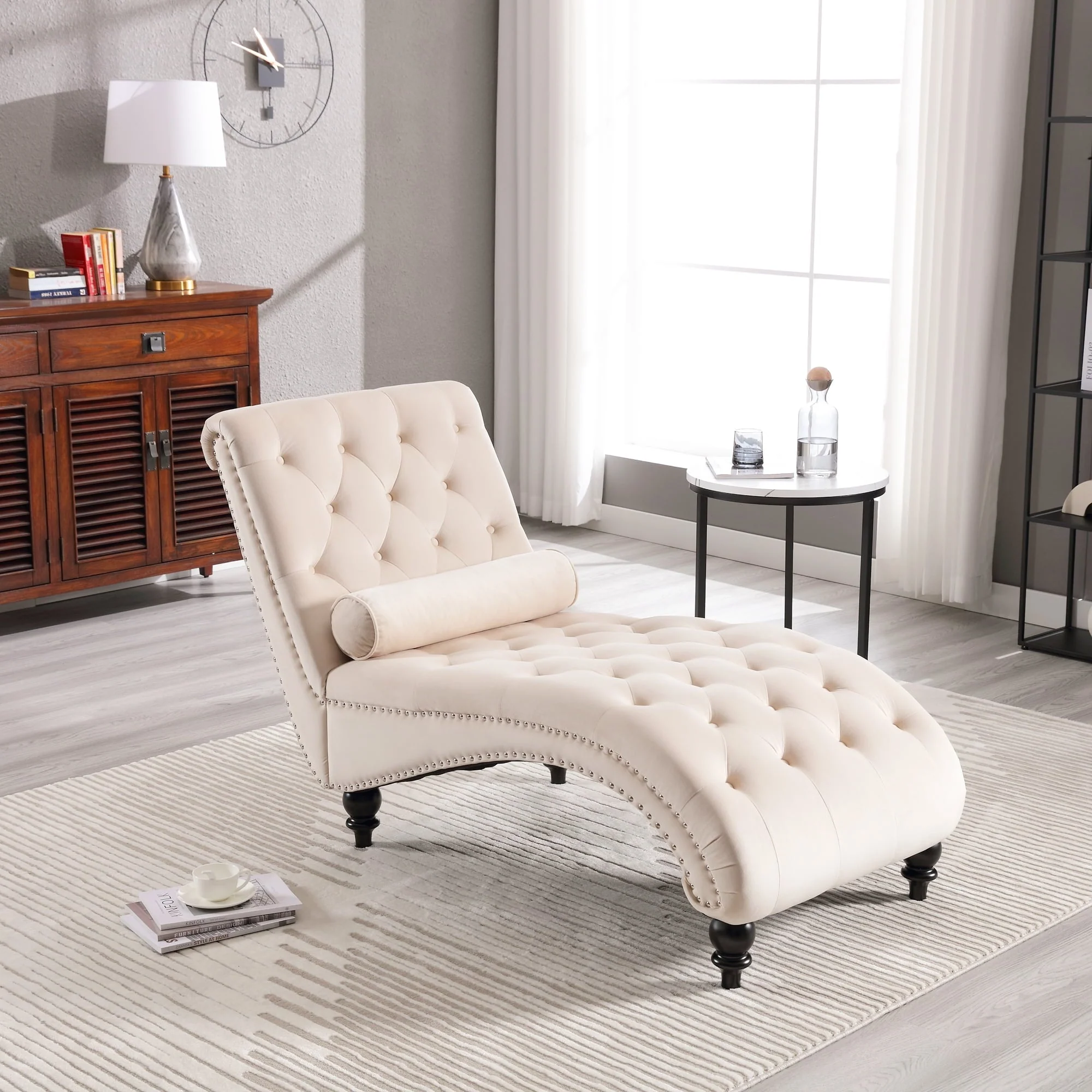 KINFFICT Velvet Chaise Lounge Indoor, Tufted lounge chair with Wood Legs, Leisure Accent Chair Upholstered Lounge Couch for Bedrooom Living Room, Beige