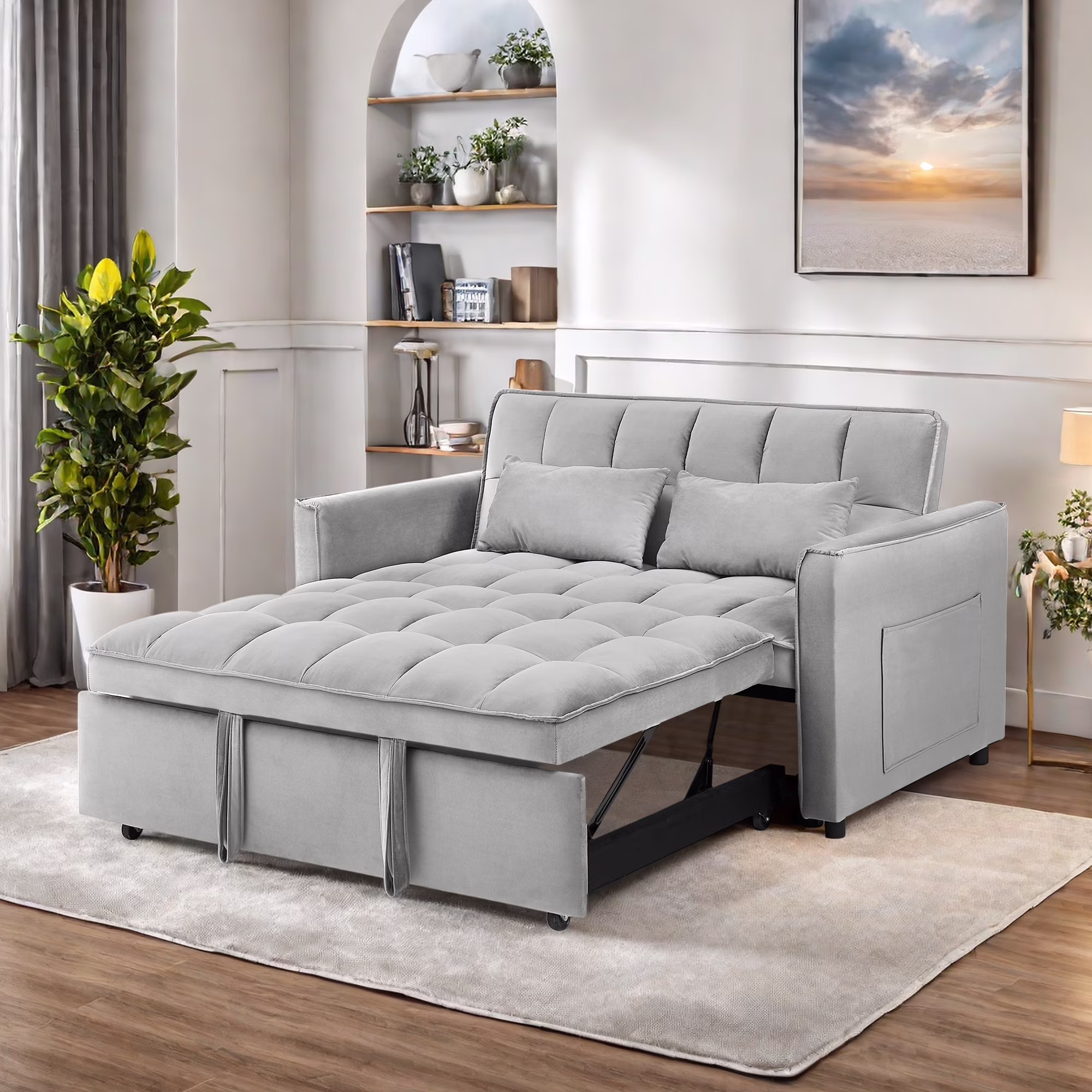 Convertible Sofa Bed,3-in-1 Sleeper Sofa with Pull Out Bed,Sleeper Futon Couch Loveseat with Adjsutable Backrest and Pillows for Living Room,Gray