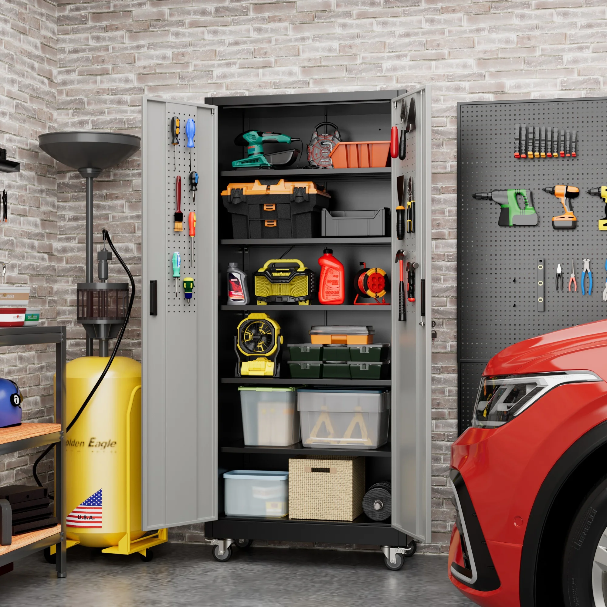 SUPEER Metal Rolling Storage Cabinets with Locking Doors and 5 Adjustable Shelves, Steel Garage Storage Cabinet for Garage, Office, Classroom, Assemble Required(Black)