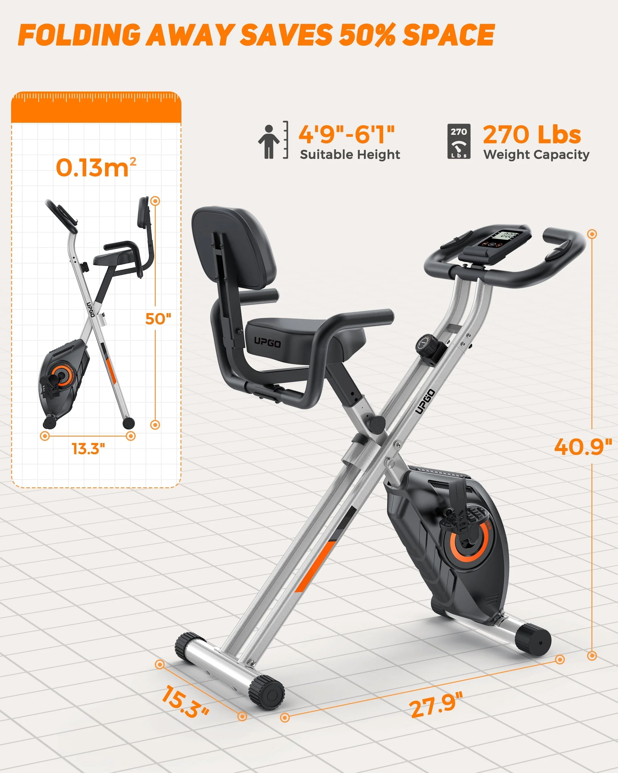 UPGO Folding Exercise Bike - 4 in 1 Upright Indoor Cycling Bike with 350lbs Capacity Foldable Stationary Bike  with Large Comfortable Seat Cushion and Arm Resistance Band, Pulse Sensor