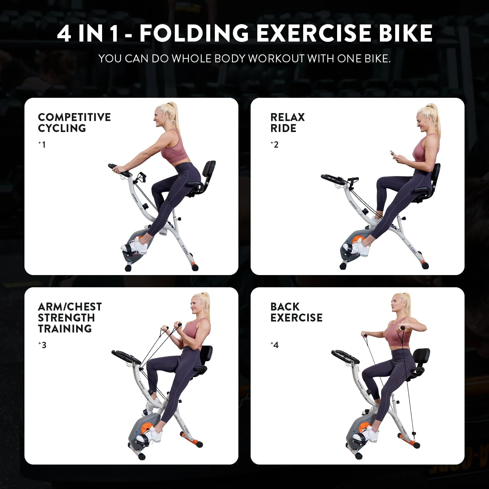 UPGO Folding Exercise Bike - 4 in 1 Upright Indoor Cycling Bike with 350lbs Capacity Foldable Stationary Bike  with Large Comfortable Seat Cushion and Arm Resistance Band, Pulse Sensor