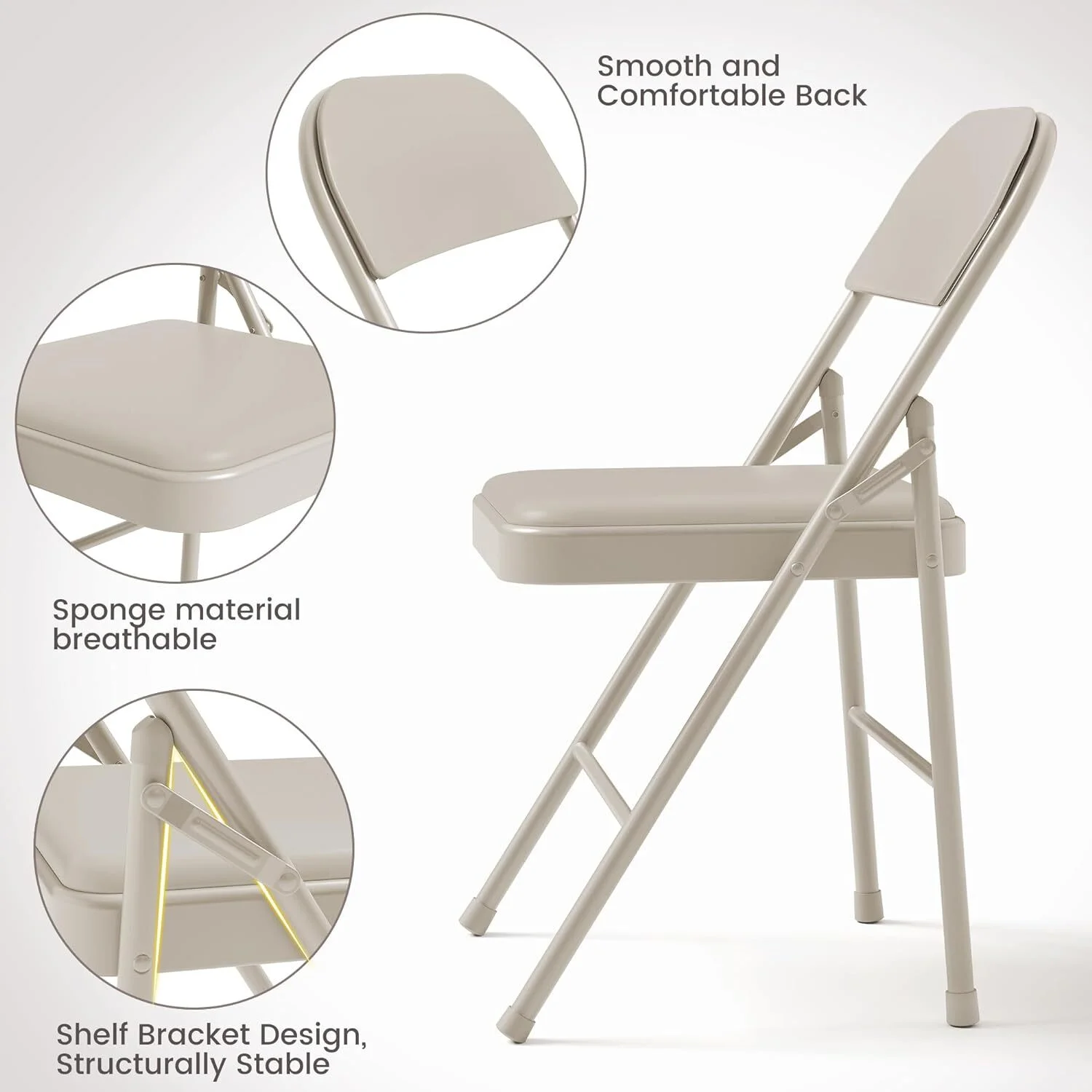 HOMEFAN Folding Chairs Set of 4, PU Upholstered Foldable Chairs with Metal Frame Hold Up to 350 Pounds for Dining Room, Living Room, Office, Beige