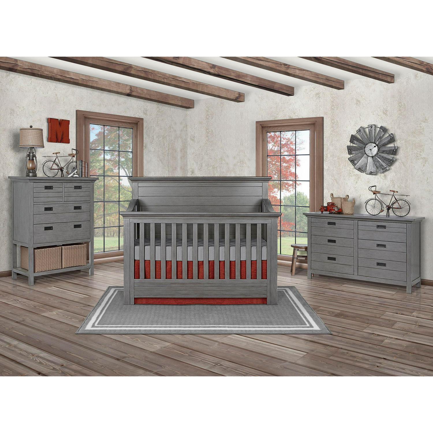 evolur Waverly 5-in-1 Full Panel Convertible Crib. Rustic Grey