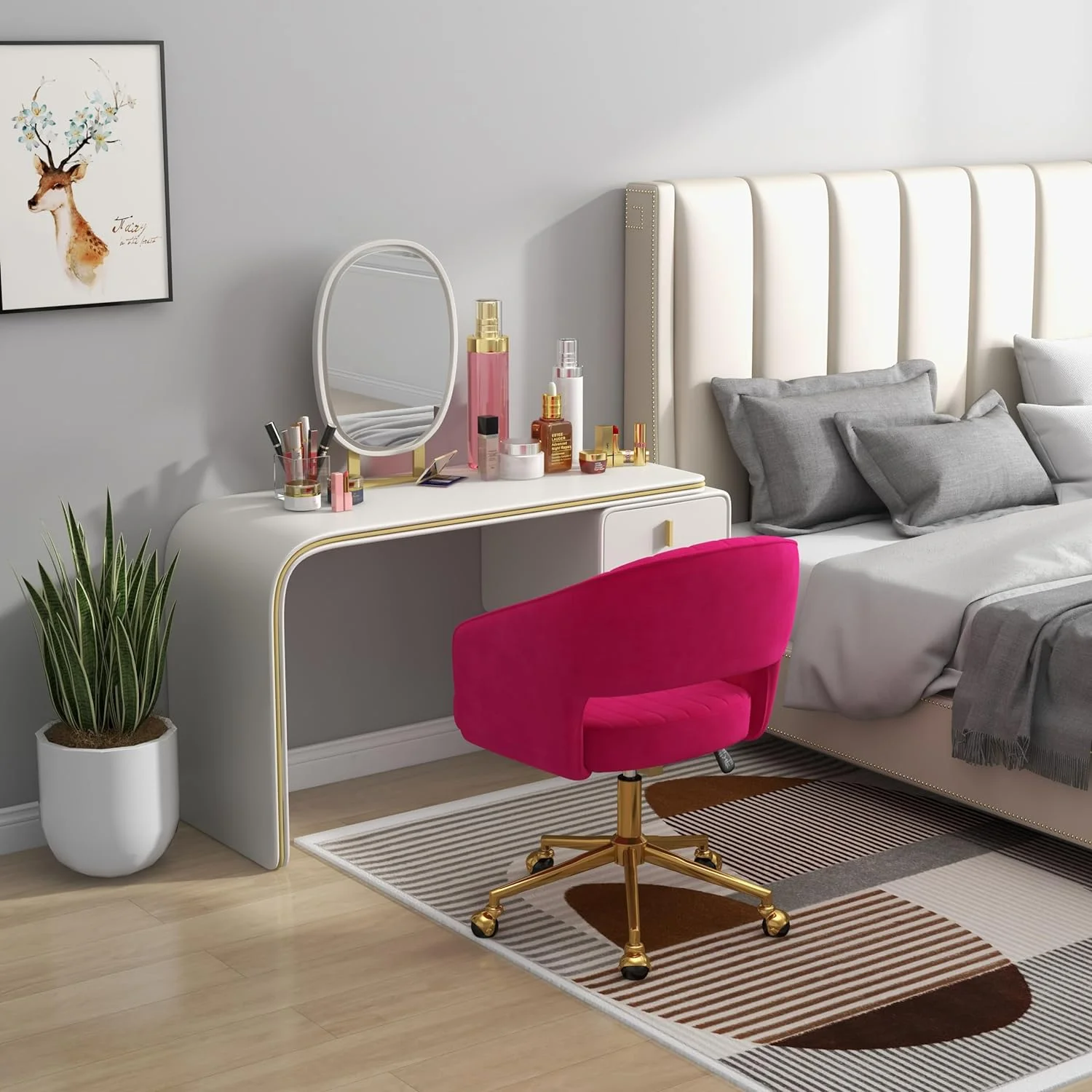 Westice Home Office Desk Chairs, Velvet Task Chair, Height Adjustable Swivel Vanity Chair with Golden Base for Vanity Study, Living Room Computer Room, Beige