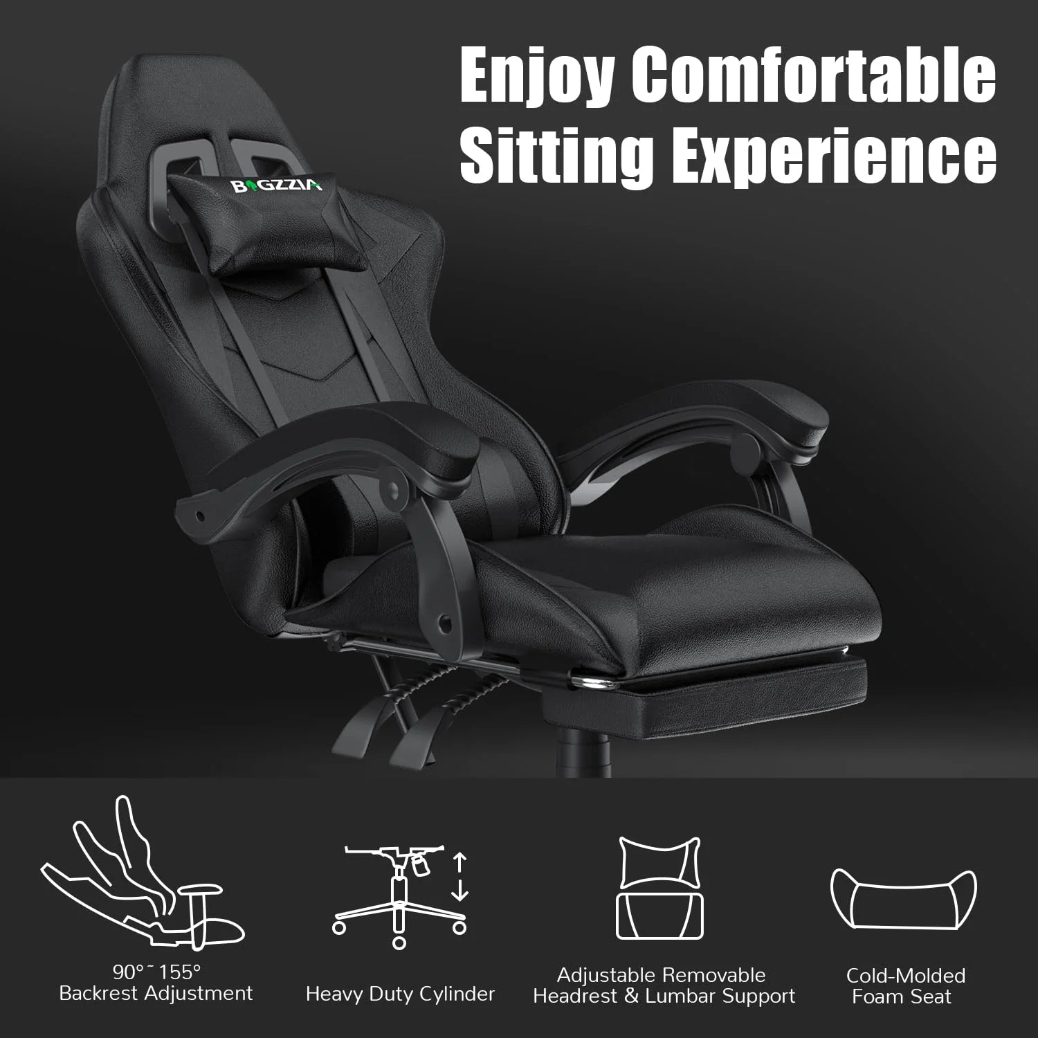 Bigzzia Gaming Chair Office Chair, Ergonomic Game Chair with Height Adjustable Headrest and Lumbar Support for Adults Teens, Black & White