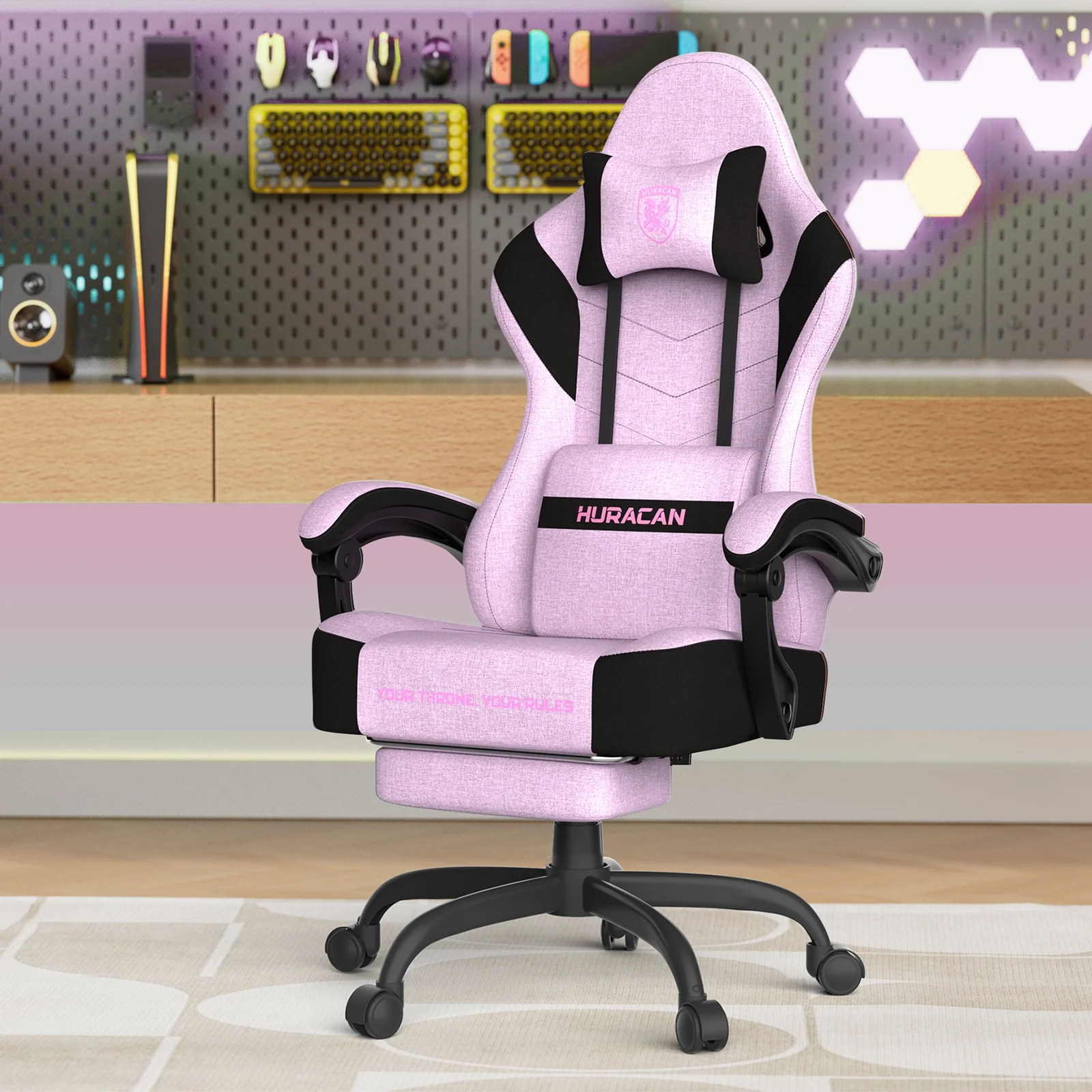 SOONTRANS Gaming Chair for Adults, Ergonomic Linen Fabric Computer Chair with Massage Lumbar Pillow, Gamer Game Chair with Adjustable Headrest, Comfortable Office Chair for Home, White