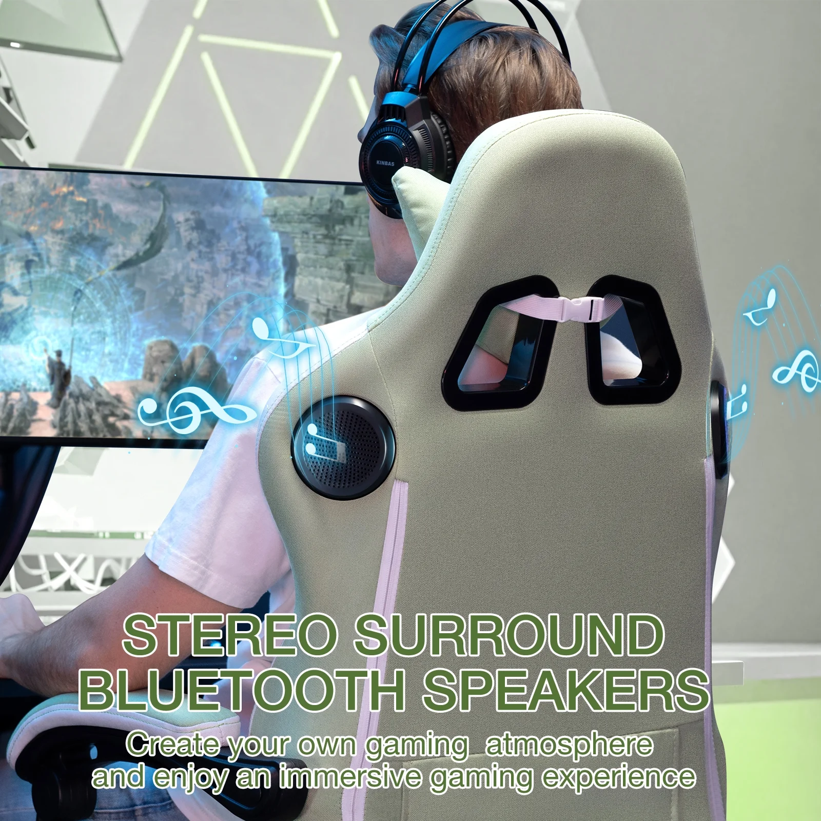 Hoffree Gaming Chair with Speakers Fabric Gamer Chair with footrest and massage Big and Tall Video Game Chair with Headrest and Lumbar Support for Adults