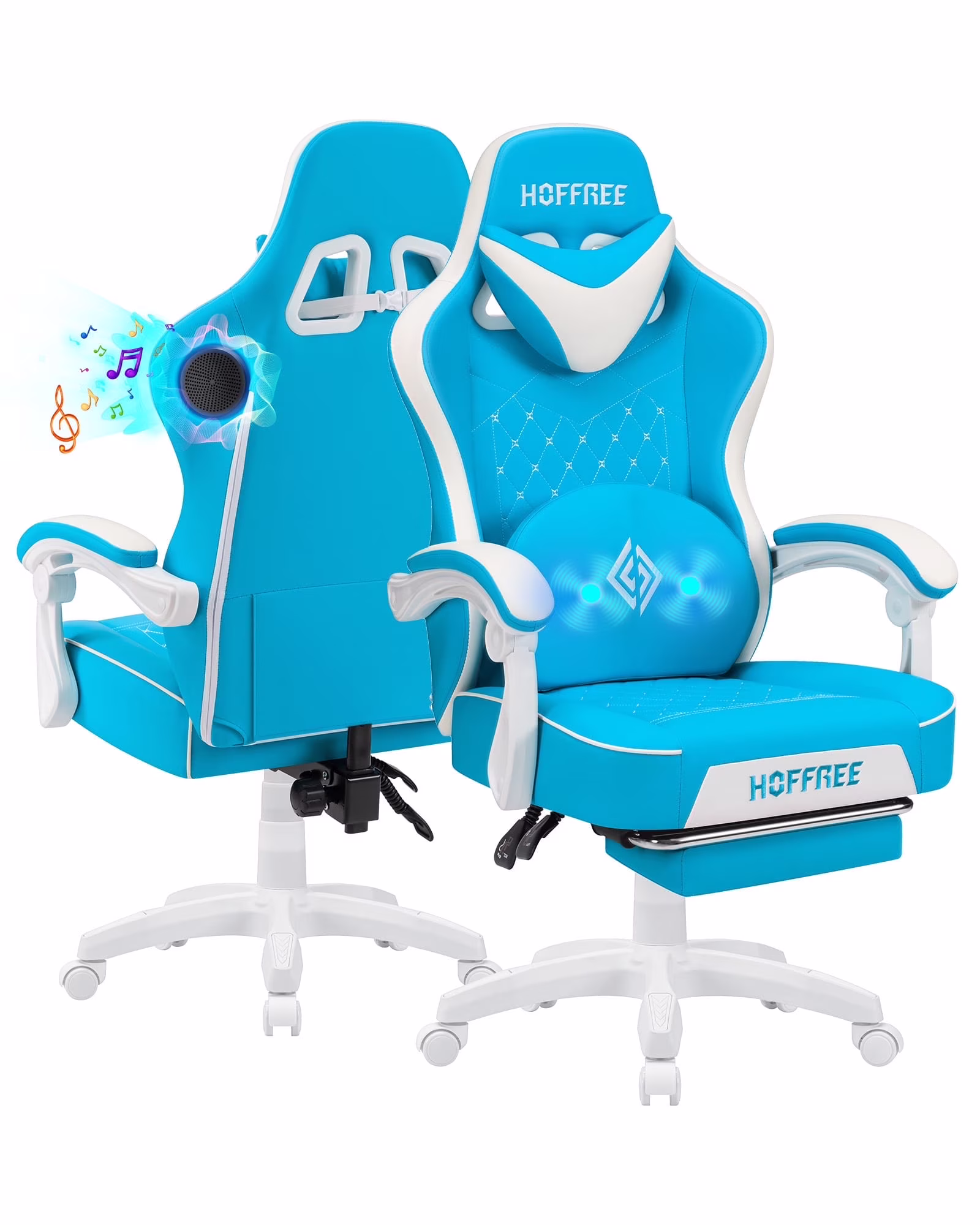 Hoffree Gaming Chair with Speakers PU Gamer Chair with footrest and massage Egonomic Computer Game Chair with Headrest and Lumbar Support for Adults and Office Gaming, 440 LBS
