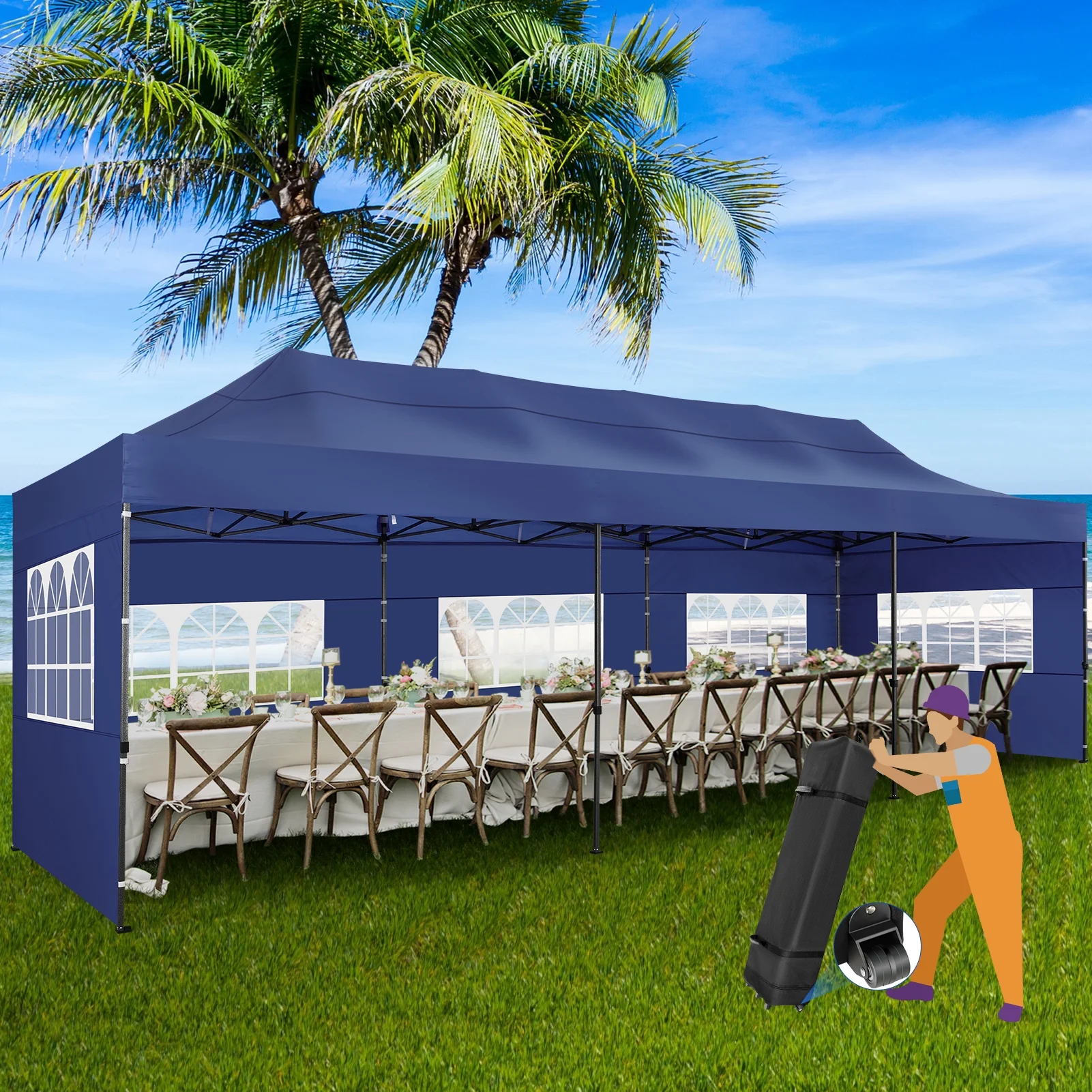SANOPY 10'x30' Canopy Heavy Duty Pop Up Canopy Tent Outdoor Gazebo Shelter Portable Instant Commercial Wedding Party Tent with 8 Removable Sidewalls&3 Heigh Adjustable&Roller Bag,Dark Blue