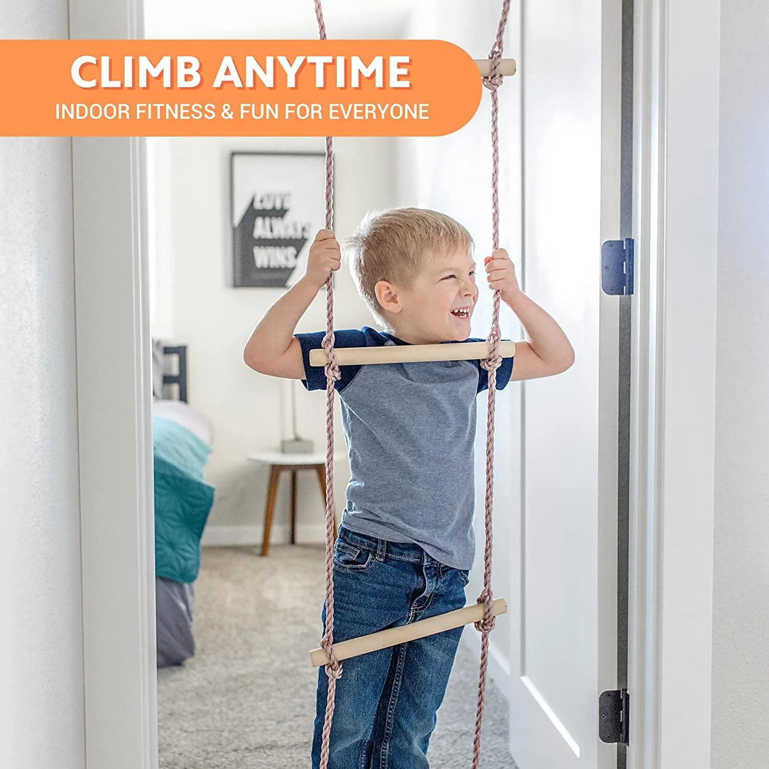 Gym1 - Deluxe Indoor Doorway Gym for Kids Playground Set - All in One Gym Set - Four Ways of Fun: Blue Indoor Swing, Plastic Rings, Climbing Ladder, and Pull Up Bar