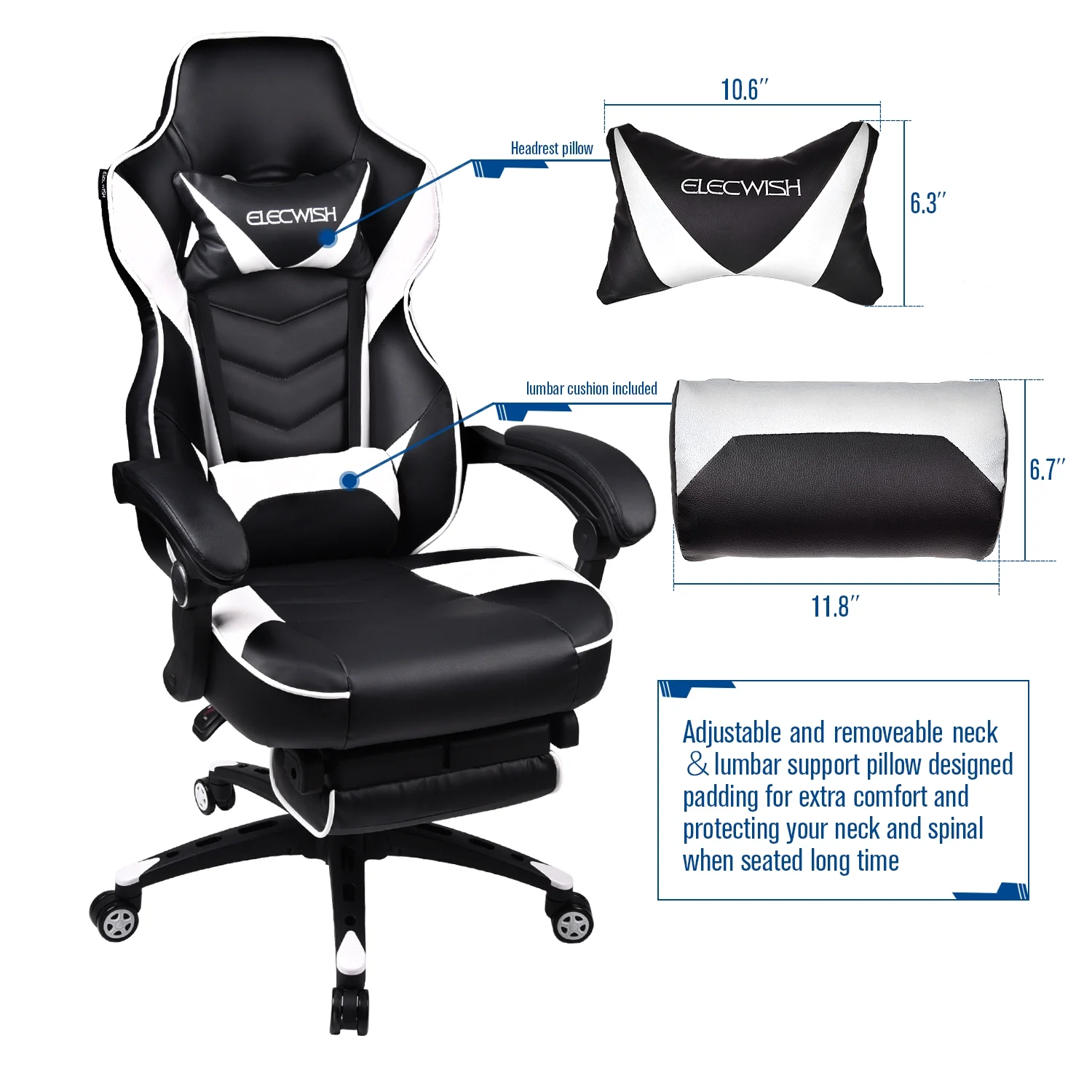 Elecwish Adjustable & Ergonomic Swivel Gaming Chair, White