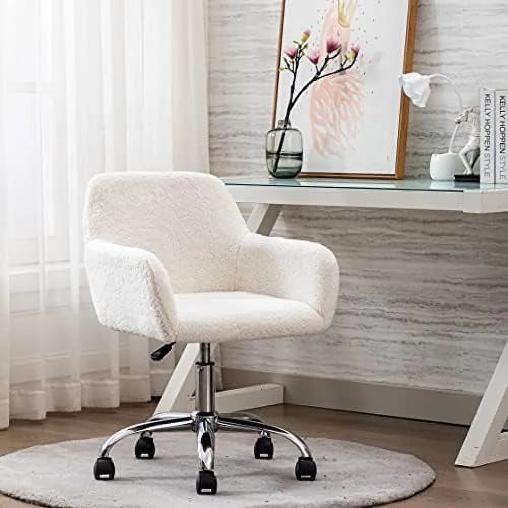 Modern Faux Fur Home Office Chair Height Adjustable, White Desk Chair Vanity Chair for Makeup Room, Rolling Desk Chairs with Wheels, Swivel Furry Cute Desk Chair for Teen Girls Women
