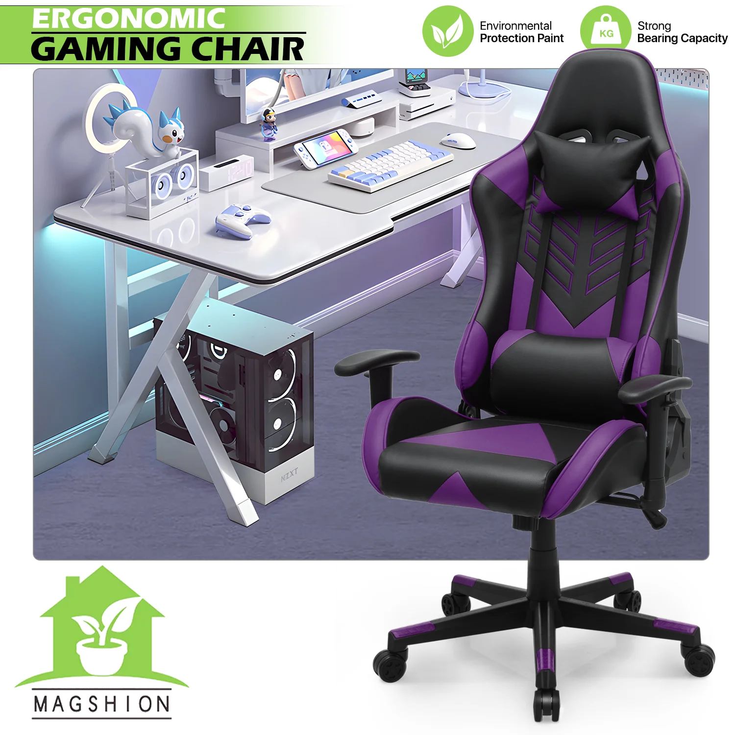 Magshion Ergonomic Gaming Chair, Comfortable Gaming Chair, Computer Chair Leather Desk Chair Adjustable Swivel Gaming Office Chair, Blue