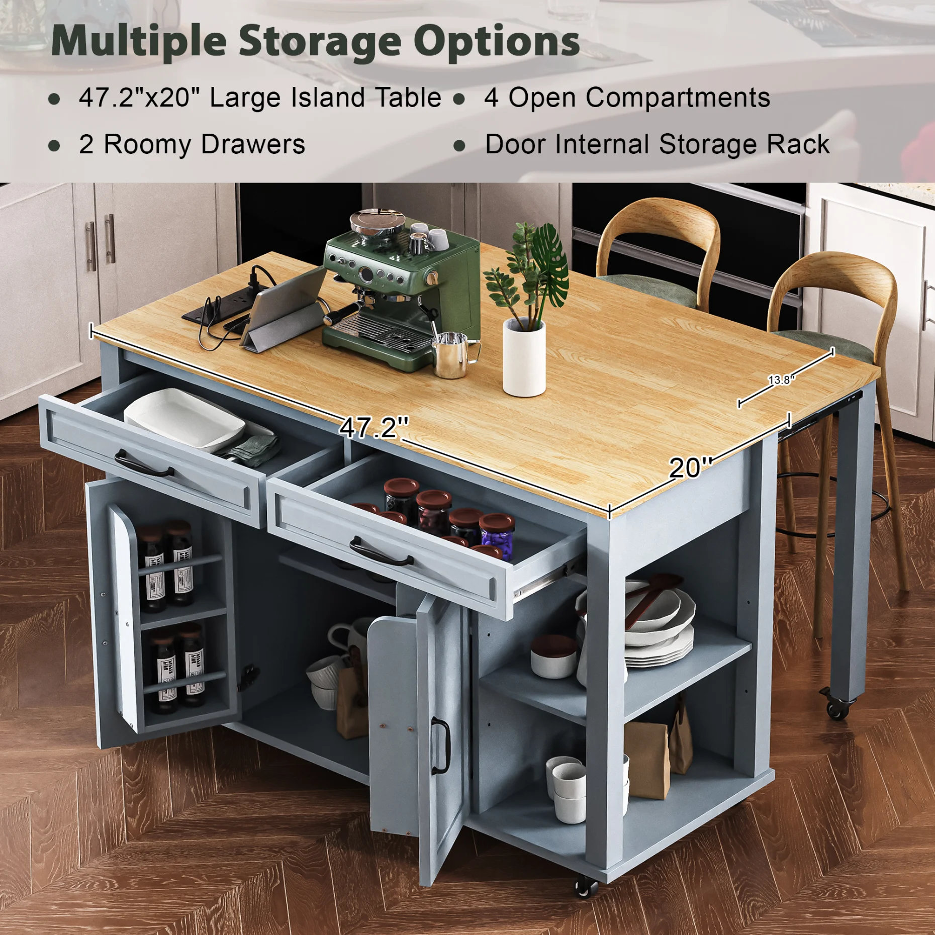 Kitchen Island with Extendable Table and Power Outlet, Wood Kitchen Rolling Cart with 2 Drawers & 2 Cabinets, Internal Storage Rack and Adjustable Shelf, Grey Blue