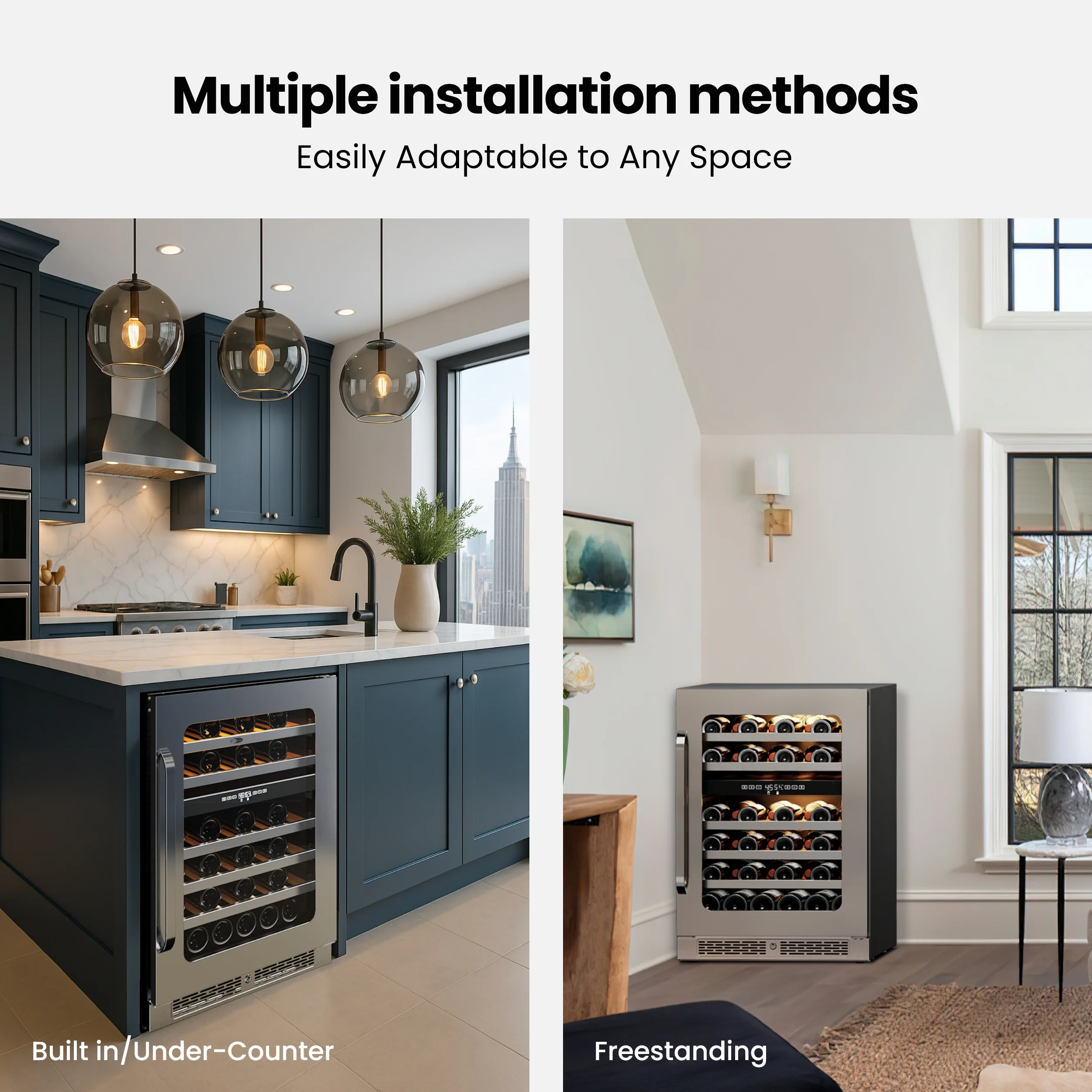 Whynter 24 inch Wine Cooler Refrigerator, 46 Bottle Wine Fridge, Freestanding & Built-in with Reversible Glass Door