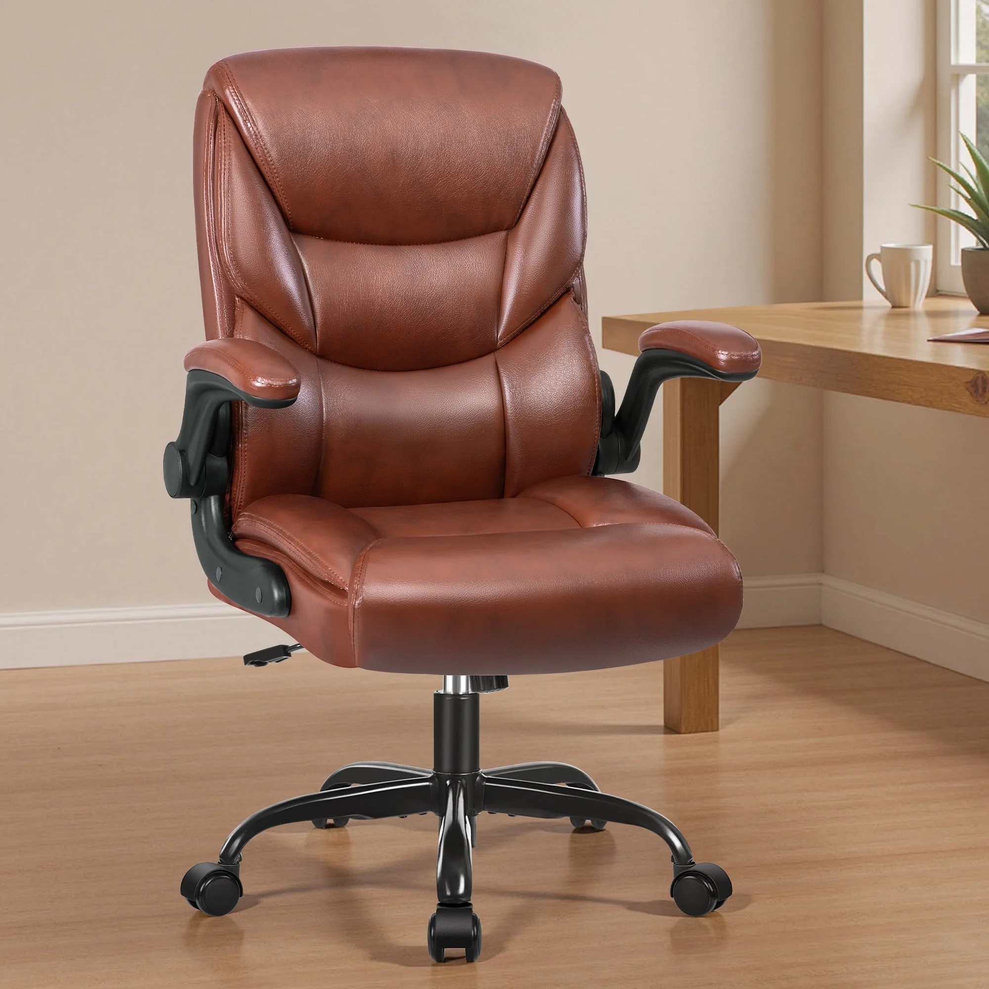 Primy Compact PU Leather Office Chair - Ergonomic Adjustable Height Computer Desk Chair with Flip-Up Armrests, Mid-Back Executive Swivel Chair on Wheels for Small Spaces & Petite Users, Black