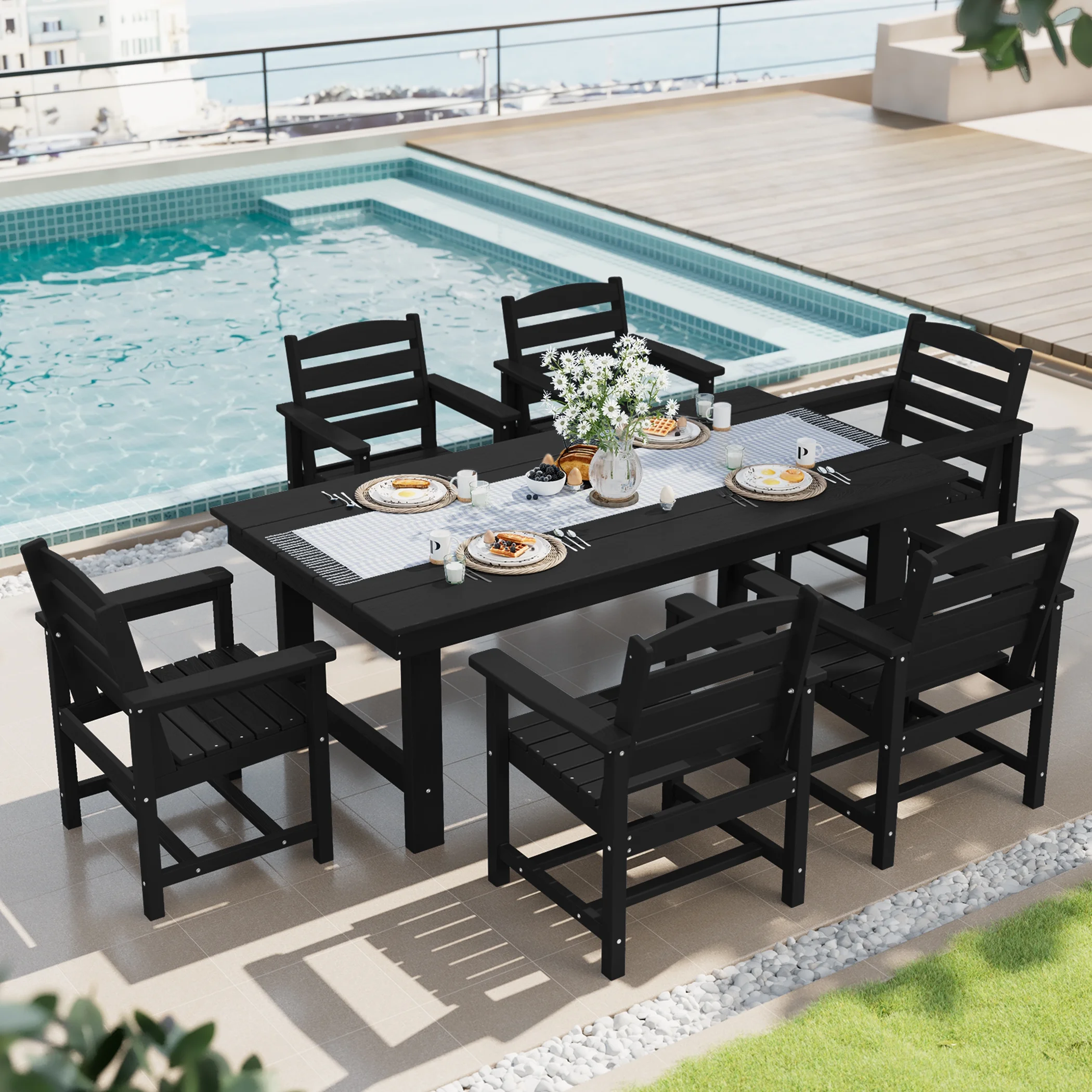 SERWALL Outdoor HDPE Dining Table Set, 7-Piece Outdoor Dining Table Sets with Umbrella Hole, Grey