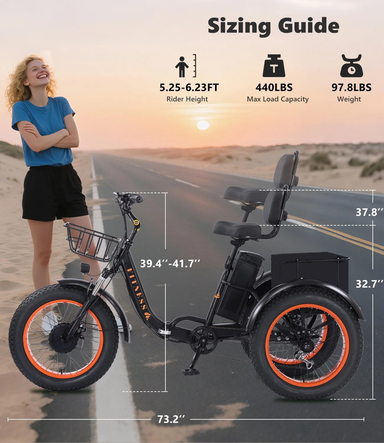 YEBEI Electric Tricycle for Adults Folding E-Trike Motorized Tricycle Electric 3 Wheels Trike Powerful 500W Motor Electric Tricycle 48V15AH Lithium Battery Max 20MPH 20*4.0�� Fat Tire Orange